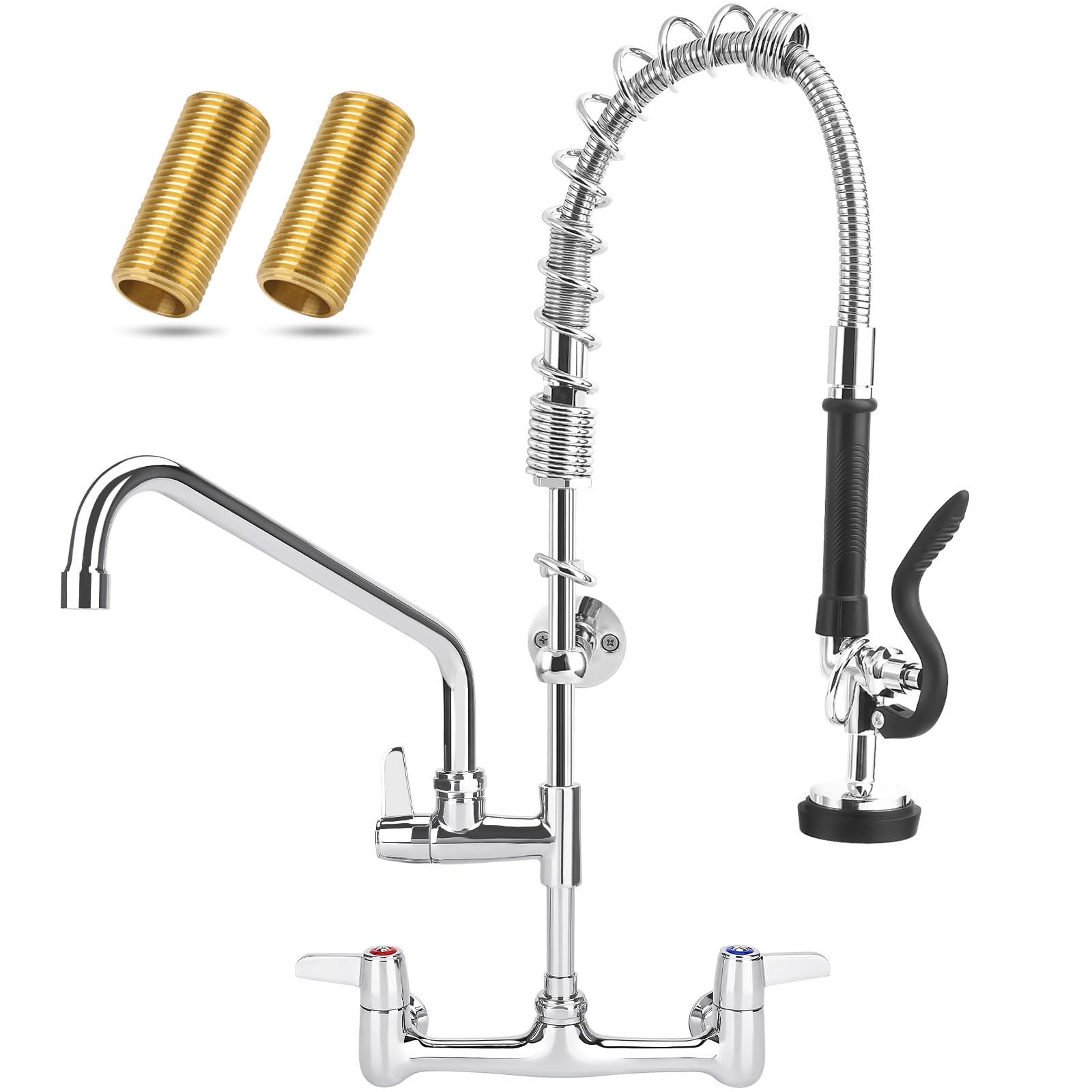 Bzimak Commercial Faucet With Sprayer, 25 Inch Height Commercial Sink Faucet Wall Mount With 8" Adjustable Center And 12" Add-On Swing Spout & Pull Down Pre Rinse Sprayer
