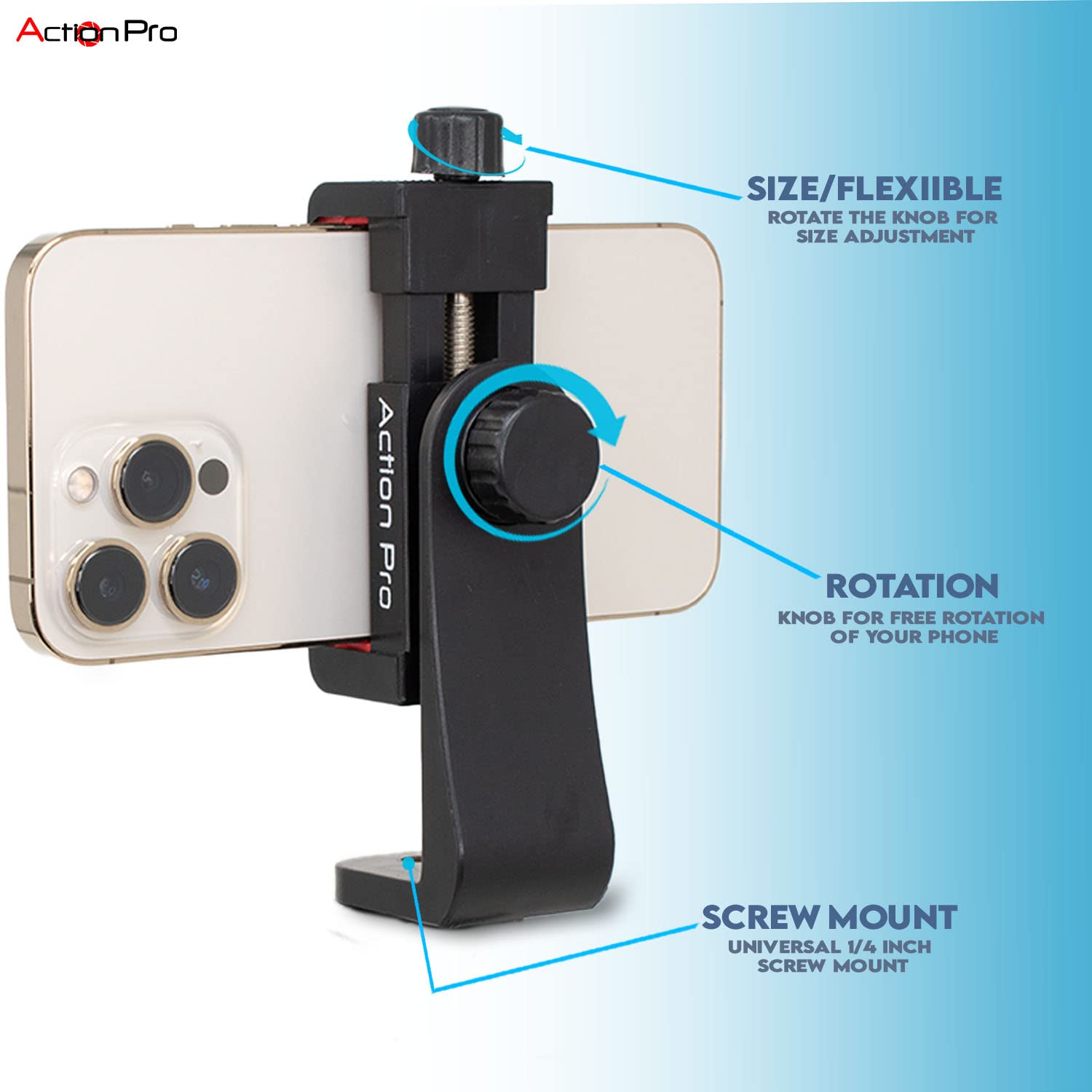 Action Pro 360 Phone Holder/Vertical And Horizontal Tripod Mount Adapter Rotatable Bracket With 1/4 Inch Screw, Adjustable Clip For Iphone, Android Cell Phone, Selfie Stick, Camera Stand