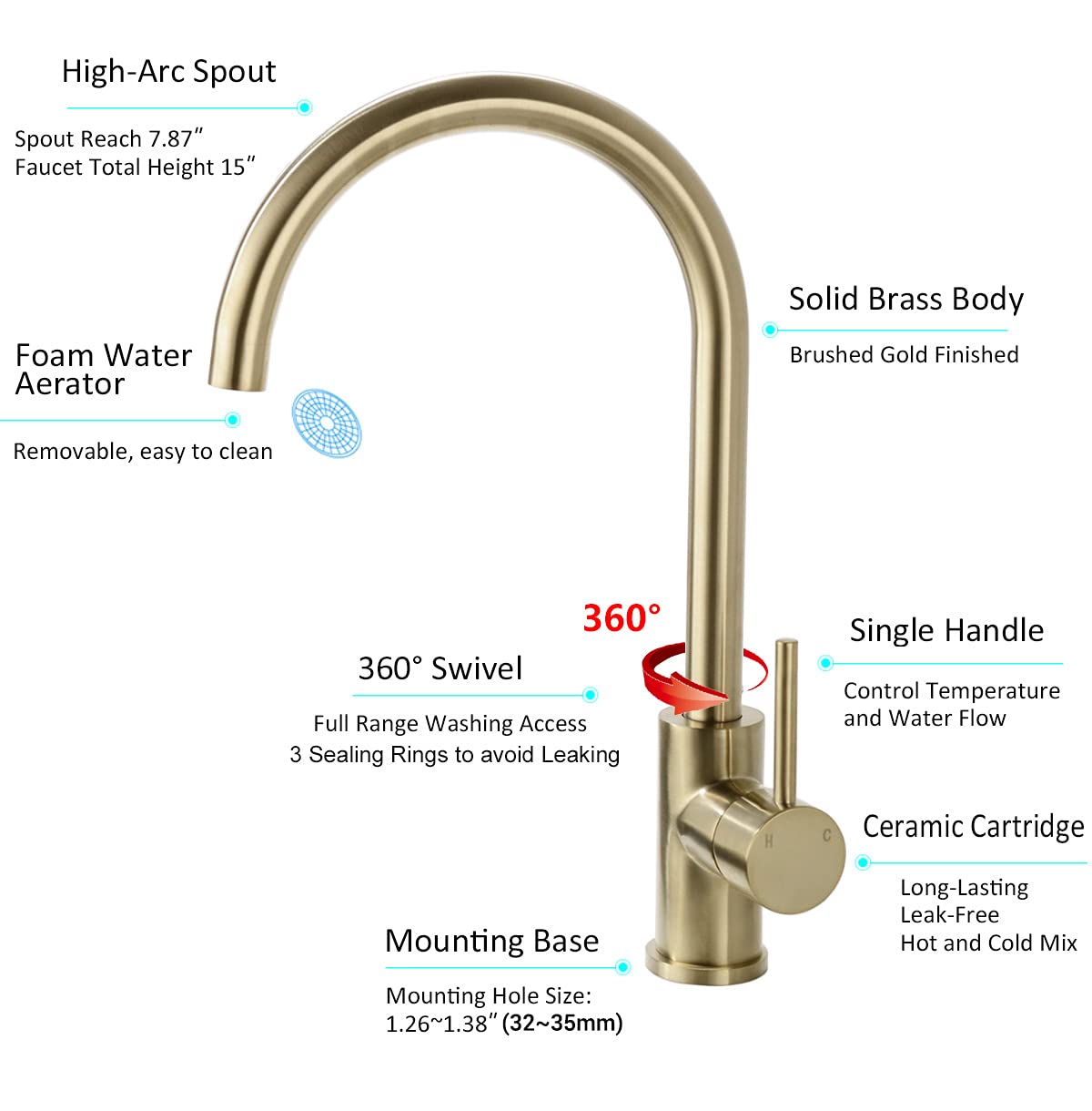 Trustmi Solid Brass Kitchen Faucet Single Handle 1 Hole 360-Degree Swivel Gooseneck Bar Sink Mixer Tap, Brushed Gold
