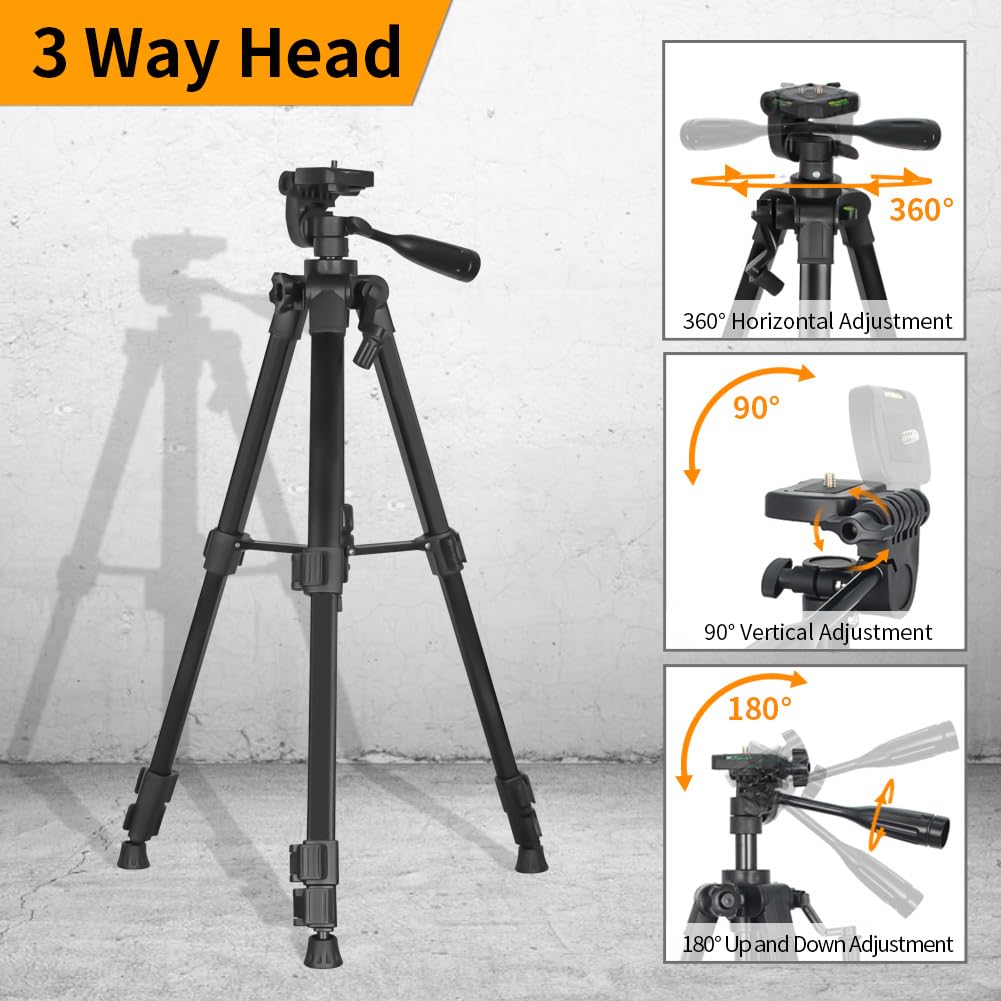 Jeppo 46.85" Lightweight Adjustable Aluminum Tripod For Laser Level, With Bubble Level, 1/4"-20 Thread Interface, 3-Way Swivel Pan Head