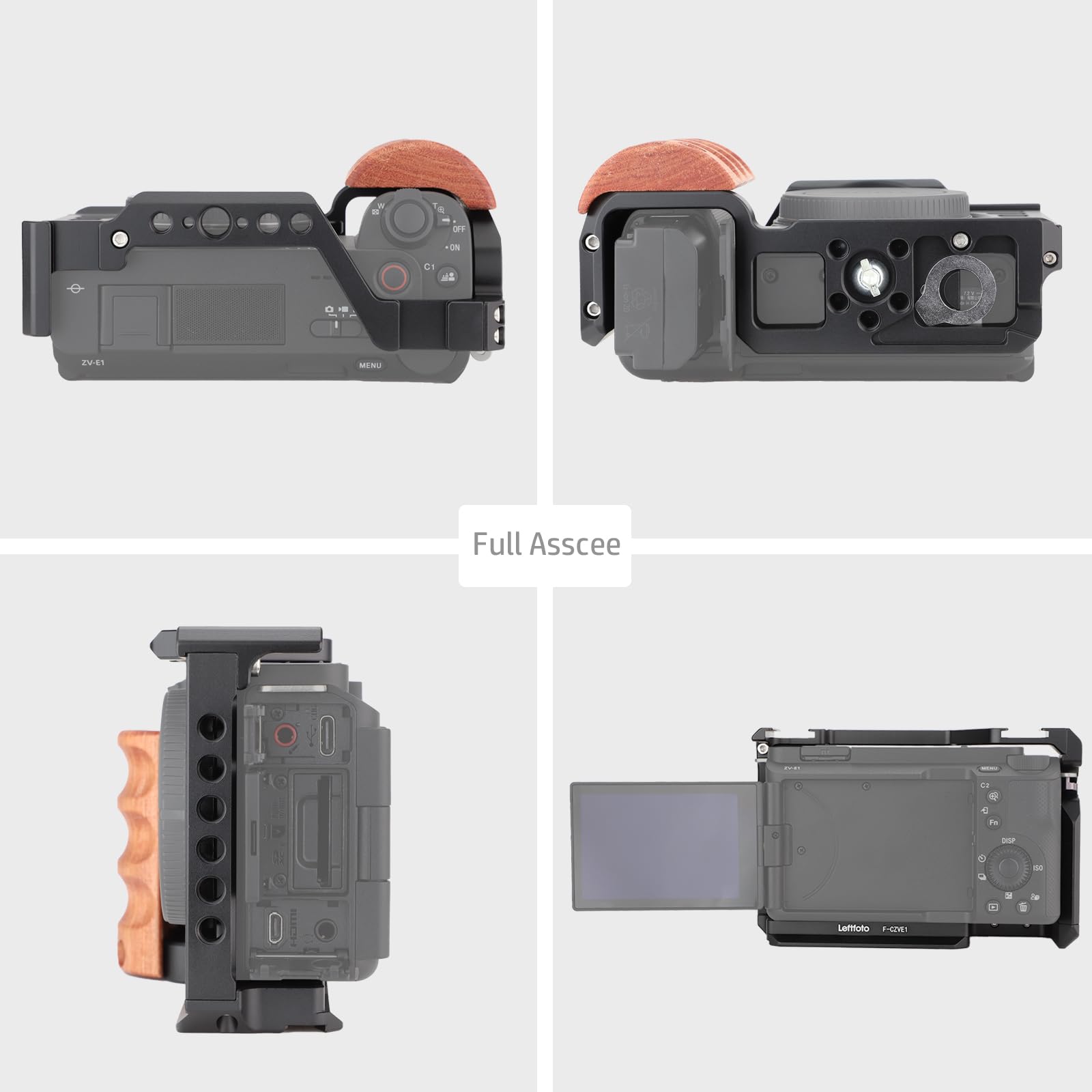 Leftfoto Zv-E1 Full Camera Cage With Wood Handle For Sony Alpha Zv-E1 Video Shooting Frame With Arca Type Base 3/8" Arri Holes Dual Locking All In One Design