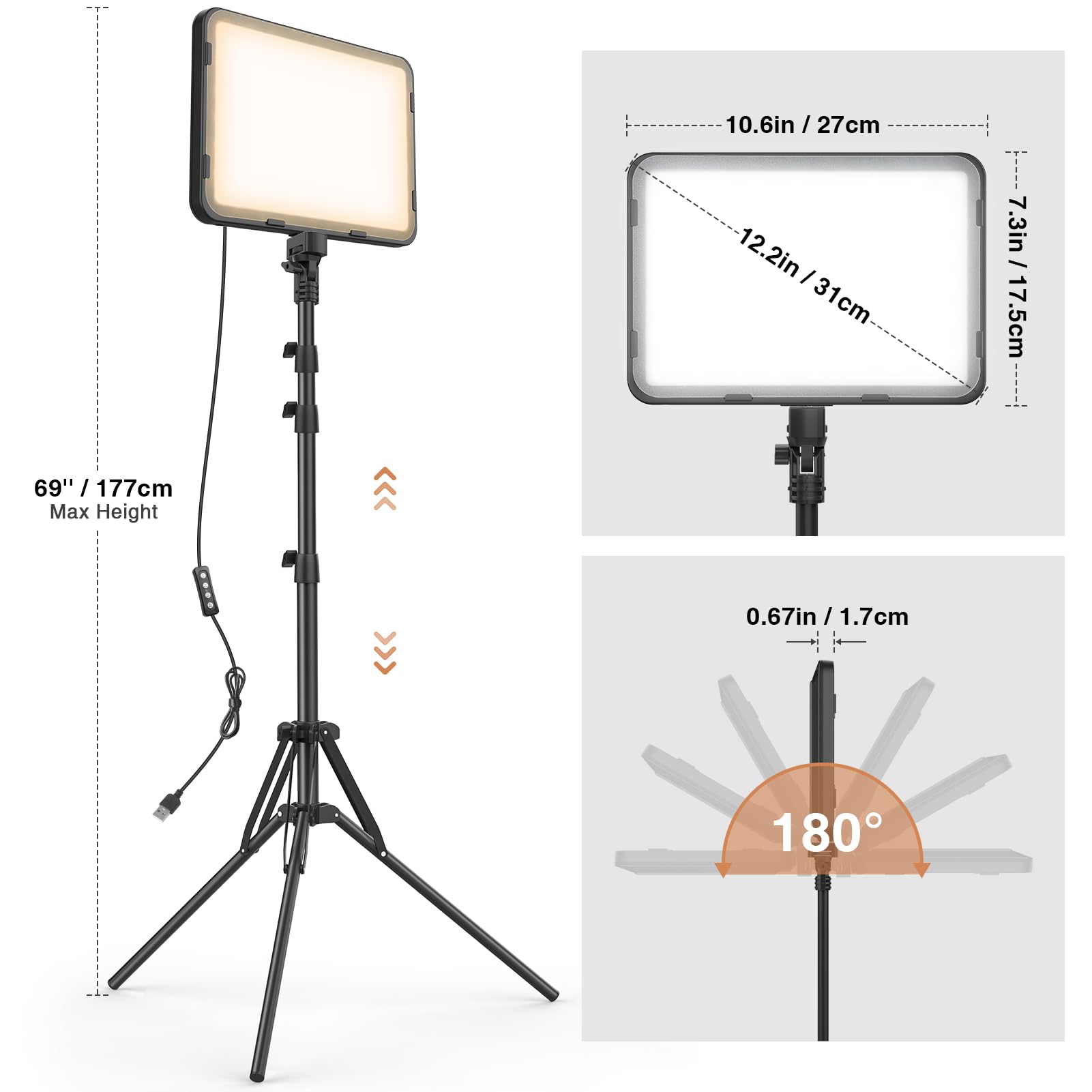 Kmasic 2 Pack Led Video Light With 63'' Tripod Stand, 2500-8500K Dimmable Photography Lighting Kit,15W Soft Studio Lighting For Video Recording/Filming/Game Streaming/Youtube/Podcast, Usb Charger