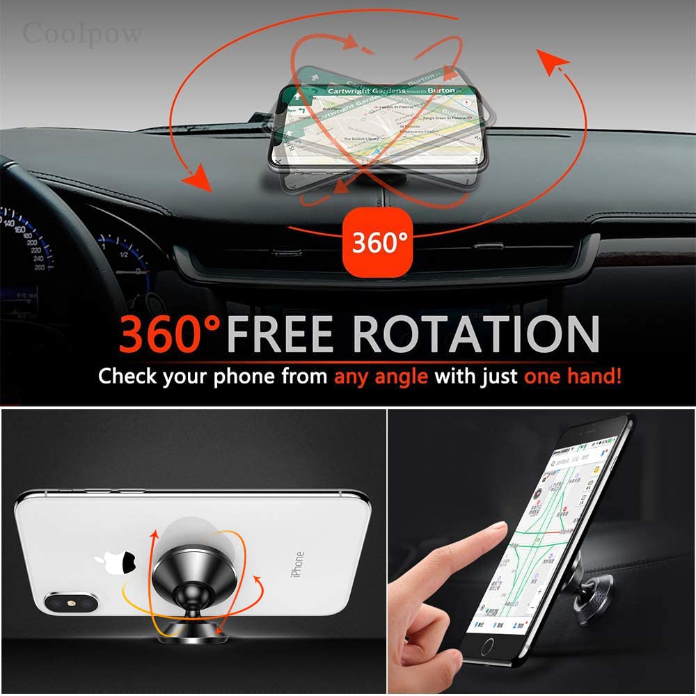 Coolpow 【2-Pack】 Magnetic Phone Holder For Car, [Strong Magnet] Magnetic Phone Mount For Car [4 Metal Plate] Iphone Magnetic Car Mount For Cell Phone [360° Rotation] Universal Dash Car Phone Holder Mount