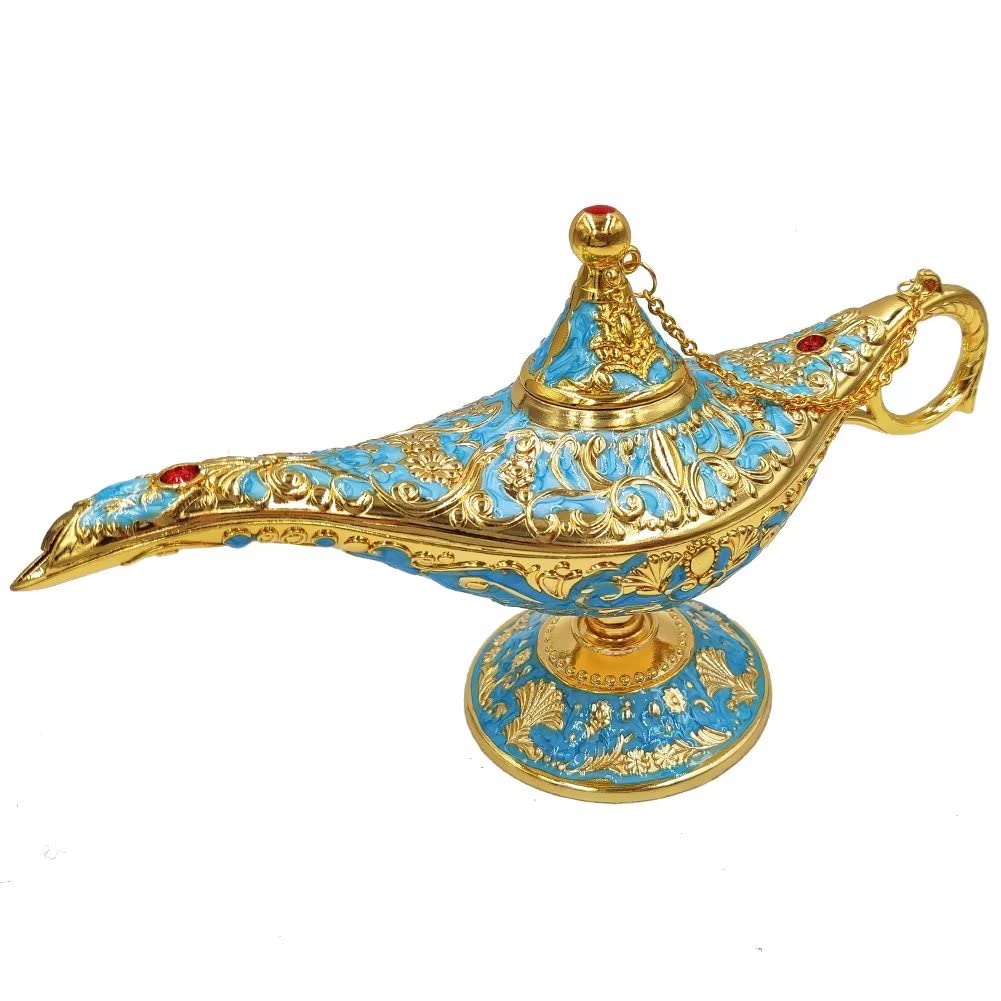 Hourwof Aladdin Genie Lamp Vintage Legend Aladdin Magic Lamp Wishing Light Arabian Costume Props Party Wedding Table Decoration Birthday ,Large Lake Blue