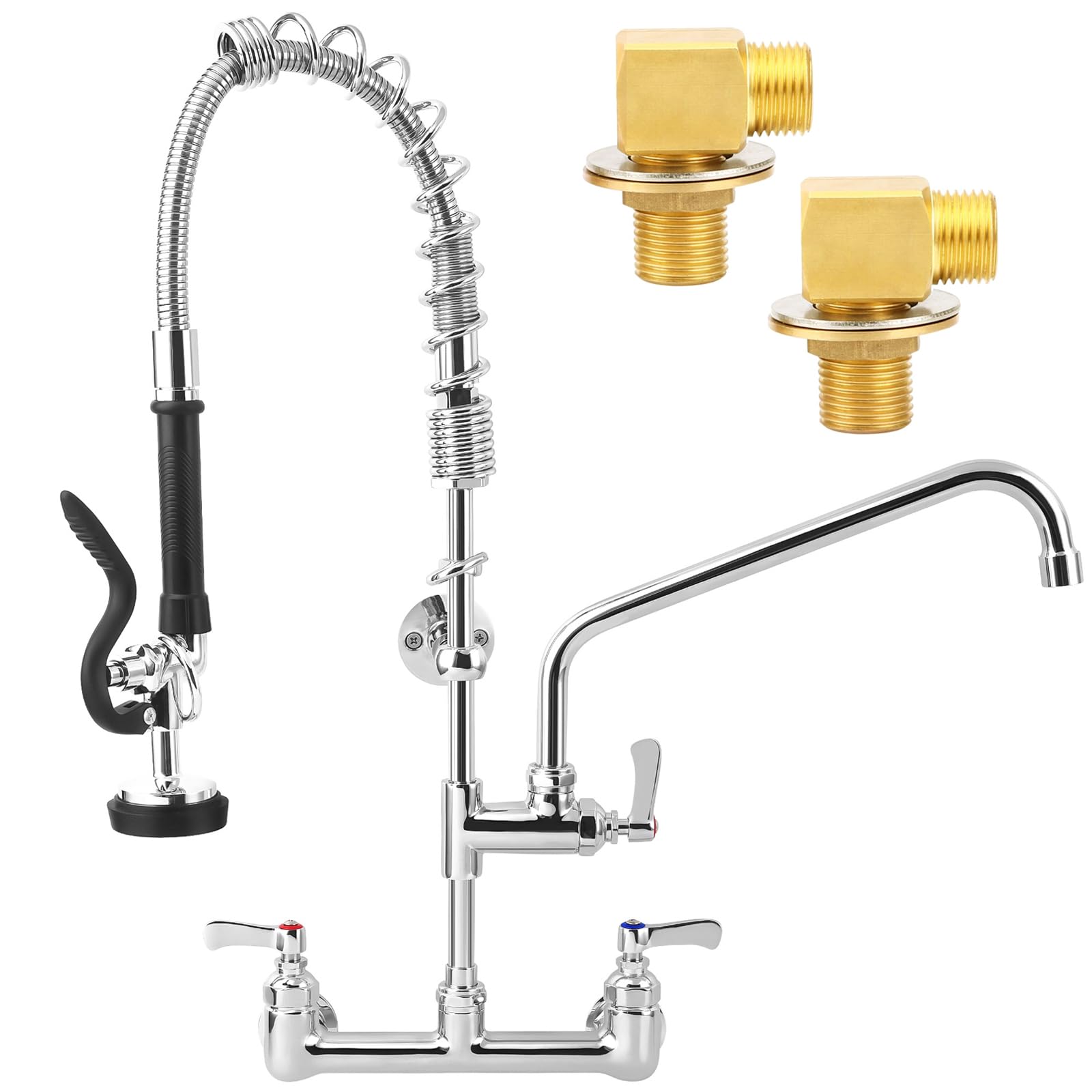 Bzimak 25" Height Commercial Faucet With Sprayer, 8" Adjustable Center & 12" Add-On Swing Spout, Wall Mount Pre-Rinse Faucet Installation Kit For Restaurant Kitchen