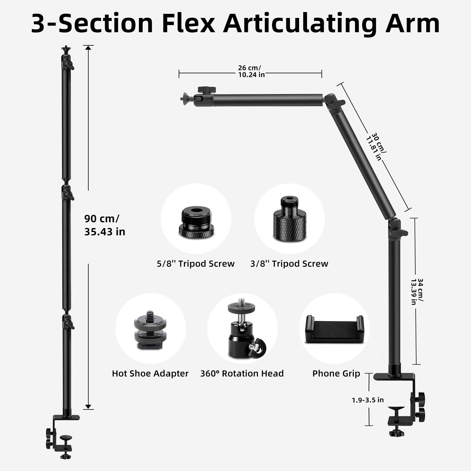 Obeamiu Overhead Camera Mount Desk Stand, Flexible Articulated Arm Dslr Desk Mount Light Stand Phone Holder With 1/4" 3/8'' 5/8'' Screw, Clamp Tabletop Stand For Podcasting/Light/Blue Yeti Nano/Webcam