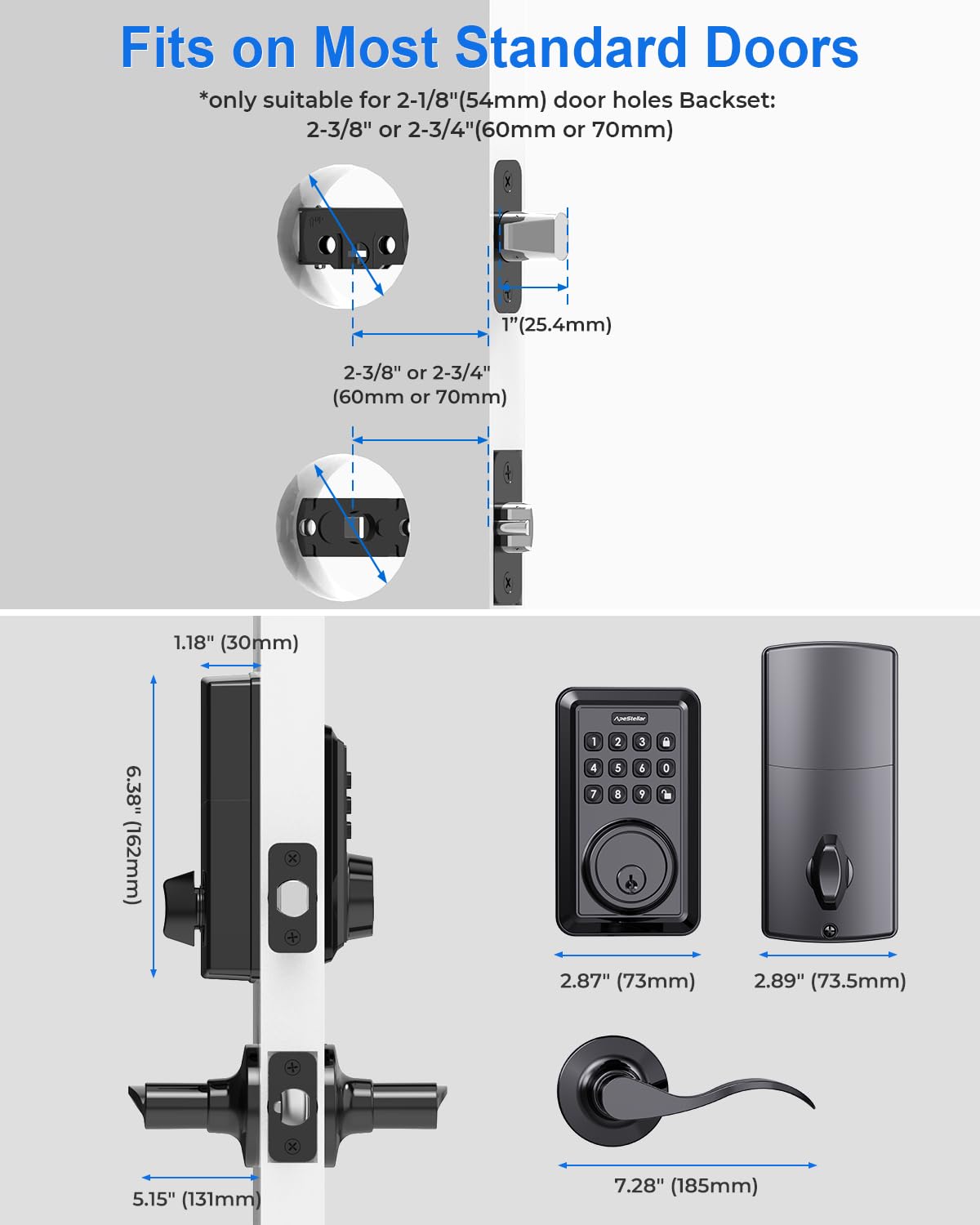 Apestellar Keyless Entry Door Lock With 2 Lever Handles - Electronic Keypad Deadbolt - Front Door Lock Handle Sets - Auto Lock, Anti-Peeking Password, Easy Installation - Matte Black