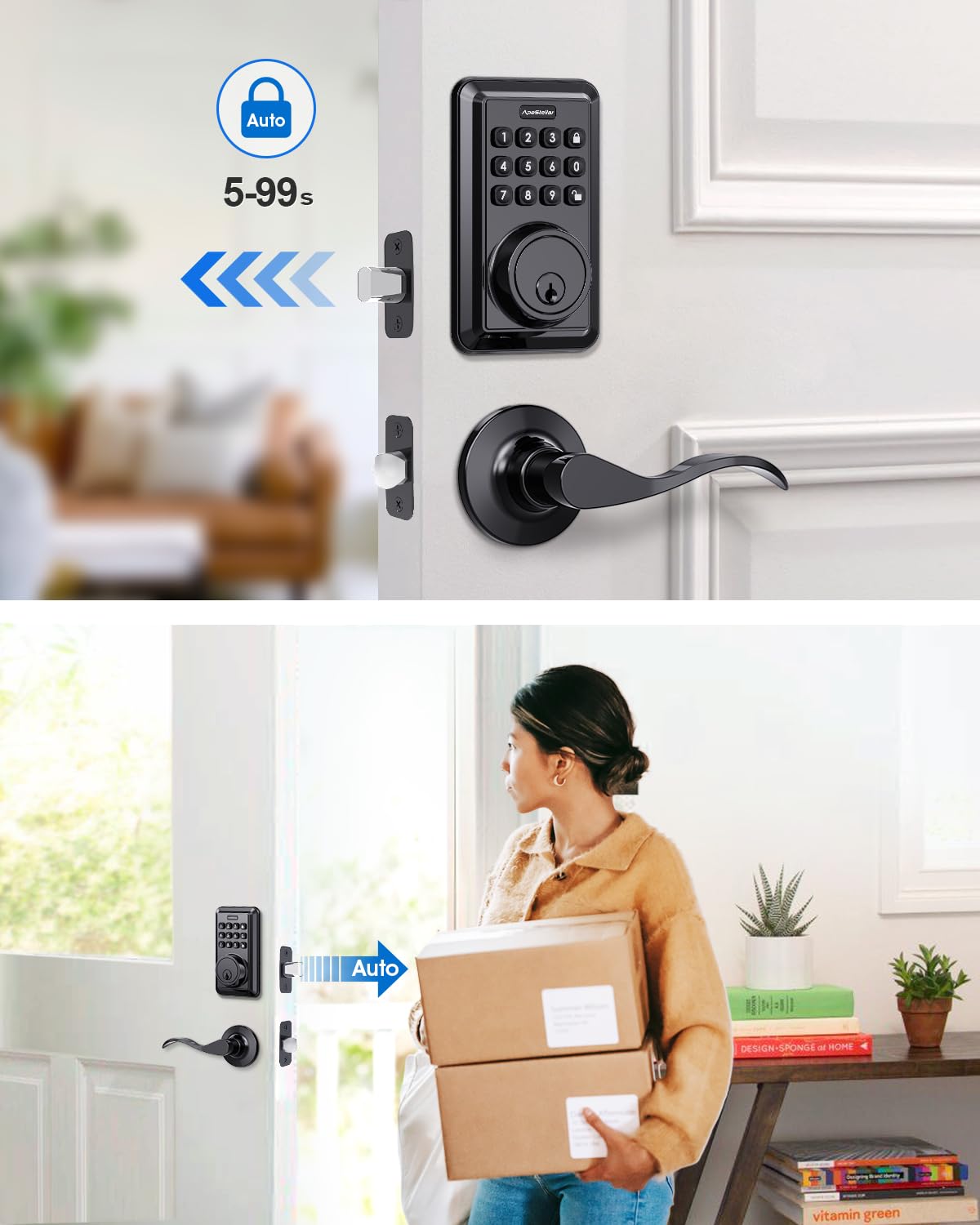 Apestellar Keyless Entry Door Lock With 2 Lever Handles - Electronic Keypad Deadbolt - Front Door Lock Handle Sets - Auto Lock, Anti-Peeking Password, Easy Installation - Matte Black