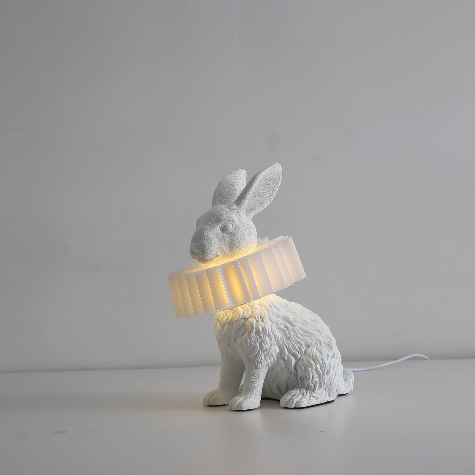 Lazhug White Scarf Rabbit Table Lamp,Resin Crafted Bunny Lamp Featuring White Pleated Pc Lampshade,Usb Plug,Low Voltage Energy-Efficient Nightstand Lamp
