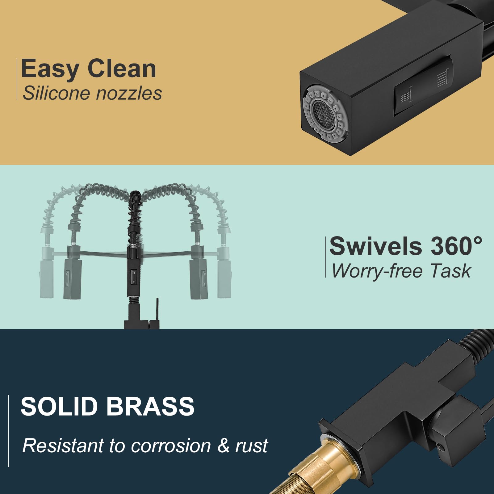 Besy Morden Square Matte Black Kitchen Faucet, Single Handle 2 Function Pull Down, Commercial Solid Brass Spring Rv Square Kitchen Sink Faucet With Pull Down Sprayer Laundry Faucet