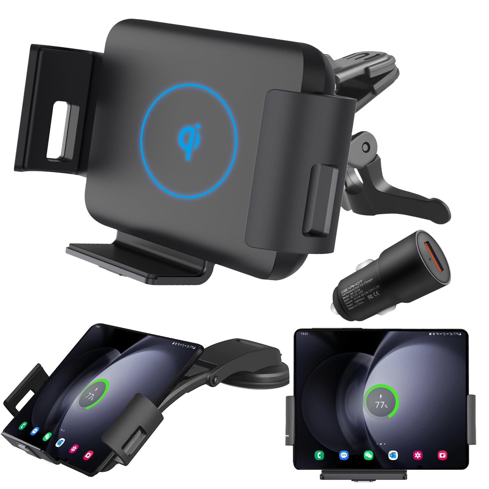 Dearhot 15W Qi Wireless Car Charger Mount Holder Compatible For Samsung Galaxy Z Fold6 Fold5 Fold4 Fold3 Fold2 Fold 4.3In-6.9In Phone Auto Clamp Fast Charger