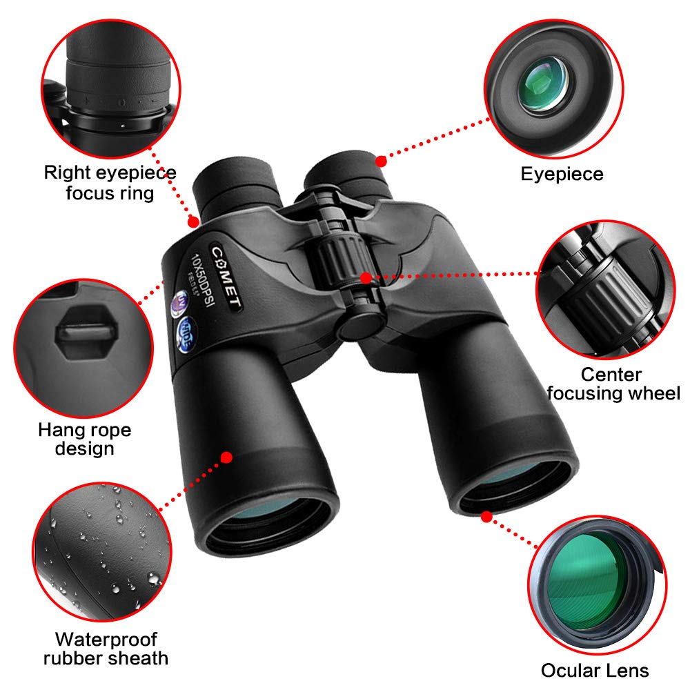 Nvshen Bak4 Prism Binoculars - 10X50, Night Vision, Waterproof, Adults Bird Watching Travel Concert - Fmc Lens, Case And Strap
