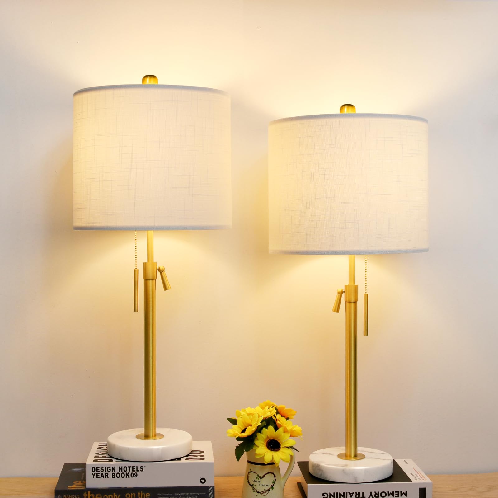 Qingmiao Lamp Modern Set Of 2: 22" To 30" Height Adjustable Pull Chain Switch For Living Room Bedroom End Table, Marble Base White Linen Shade Golden Pole Nightstand Lamp Brass For Office, Bedside Table