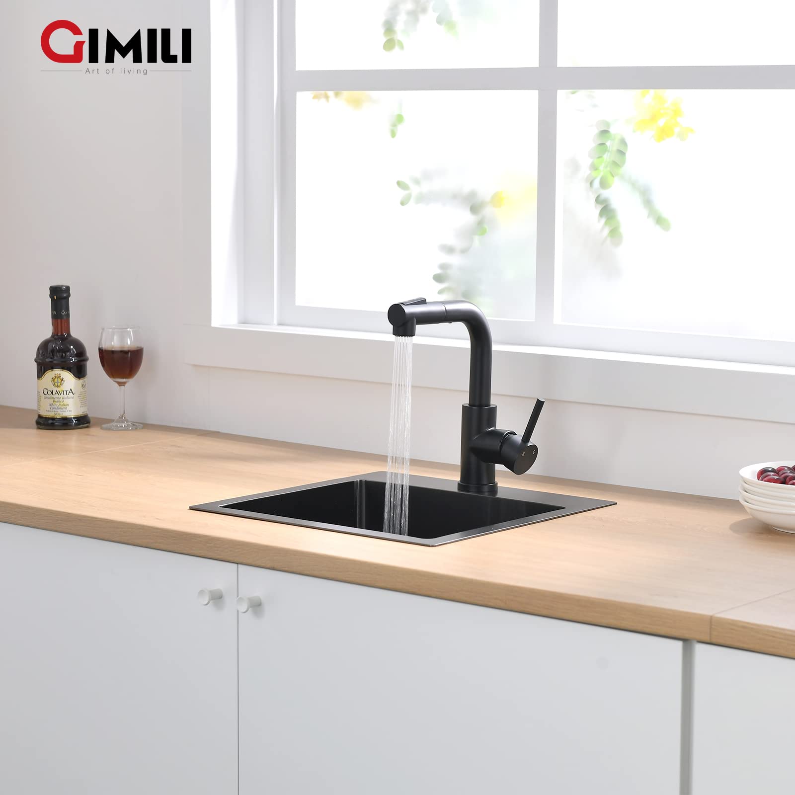 Gimili Modern Bar Sink Faucet For Kitchen Sink Single Handle With Pull Out Sprayer Hot And Cold Prep Sink Faucet Matte Black