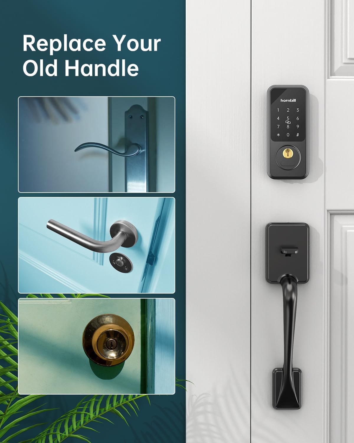 Hornbill Keyless Entry Door Lock With Handle, Smart Front Door Lock Set, Electronic Keypad Deadbolt Lock, Alexa Front Door Handle Set, Digital Lock Via Bluetooth App/Keyfob/Auto Lock-Matte Black