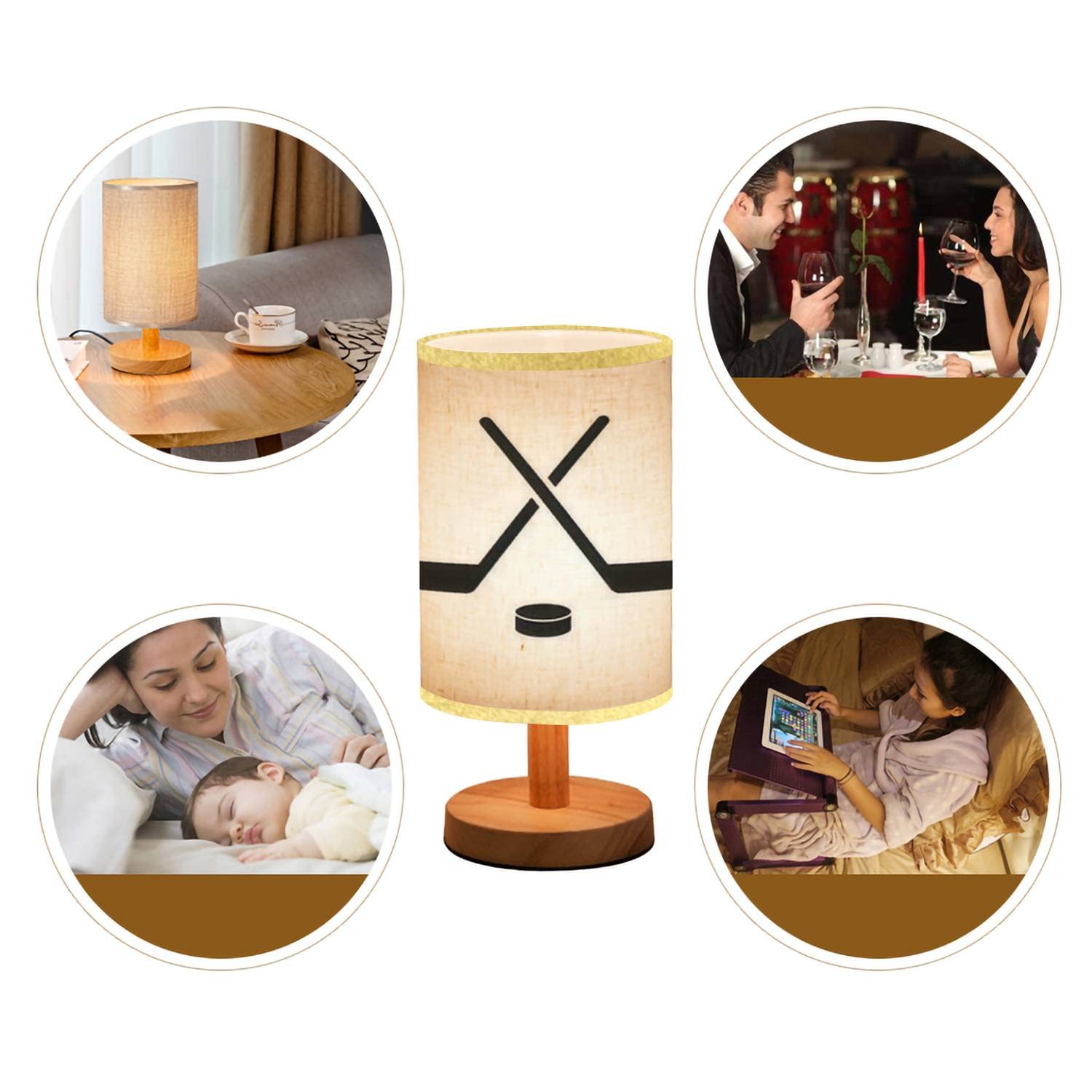 Lopyeijfg Minimalist Bedside Table Lamp Hockey Game Equipment Hockey Wood Nightstand Lamp Bedside Desk Lamp Wood Base Flaxen Fabric Shade For Bedroom Living Room