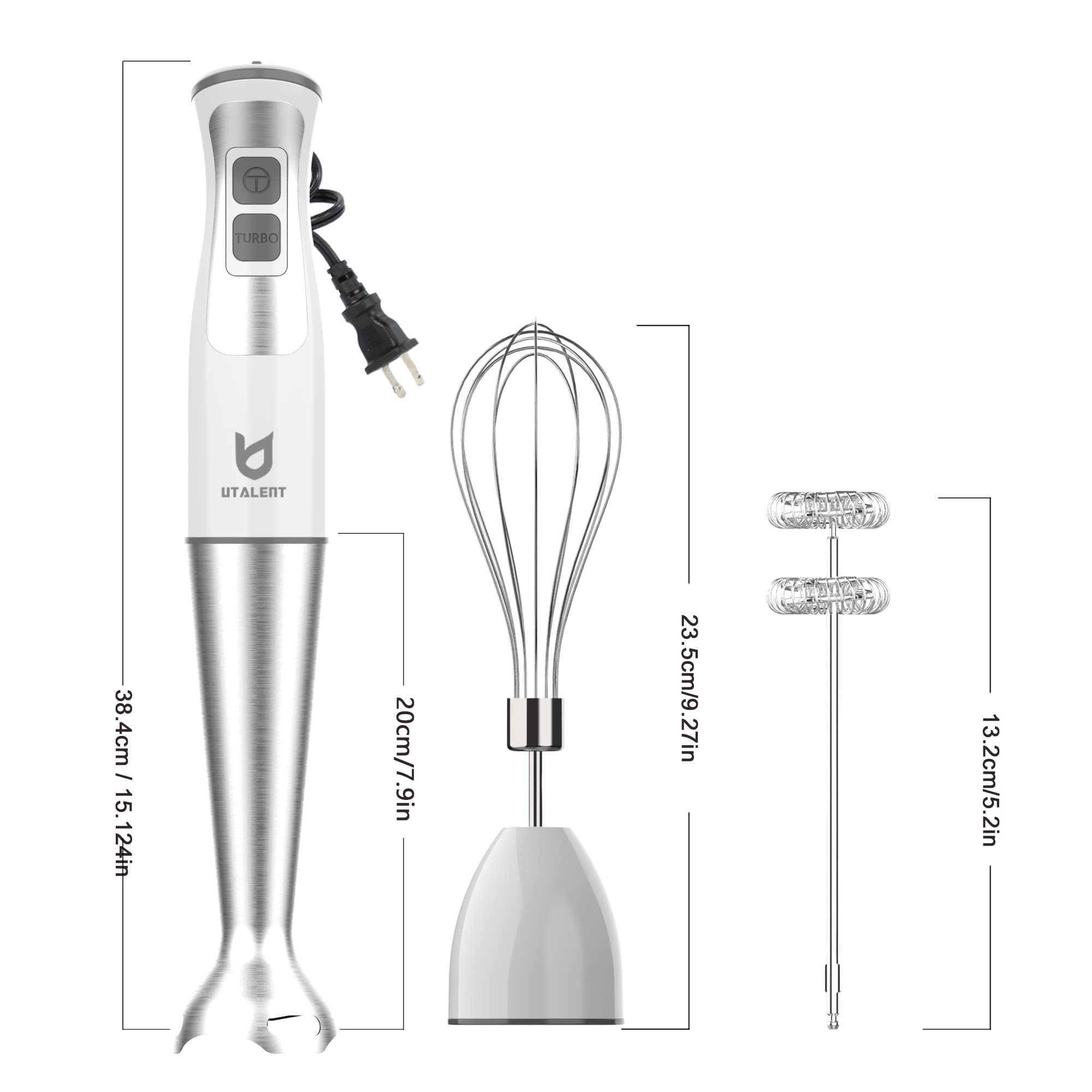 Utalent Immersion Hand Blender, 3-In-1 8-Speed Stick Blender With Milk Frother, Egg Whisk For Smoothies, Coffee Milk Foam, Puree Baby Food, Sauces And Soups White