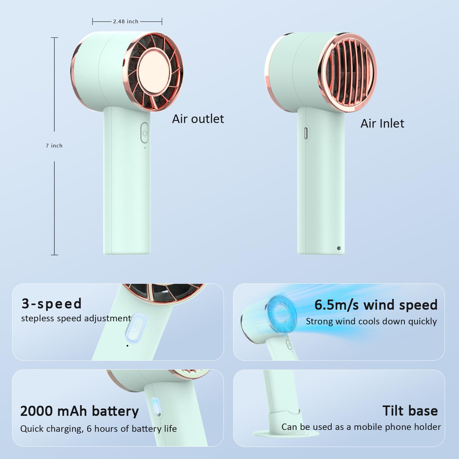 Personal Mini Electric Handheld Fan, Portable Turbo Fans With Desk Base, 2000Mah Rechargeable Batter