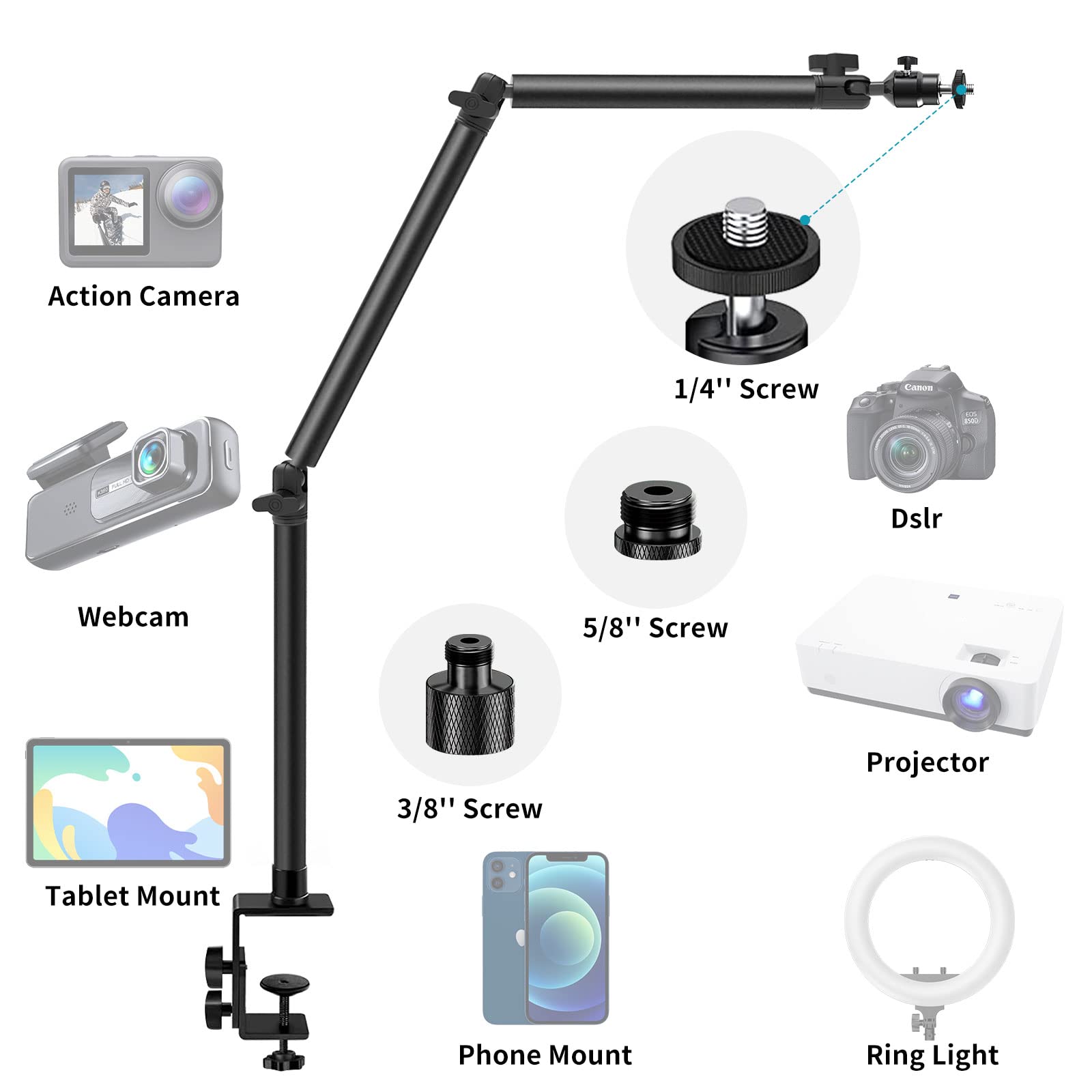 Obeamiu Overhead Camera Mount Desk Stand, Flexible Articulated Arm Dslr Desk Mount Light Stand Phone Holder With 1/4" 3/8'' 5/8'' Screw, Clamp Tabletop Stand For Podcasting/Light/Blue Yeti Nano/Webcam