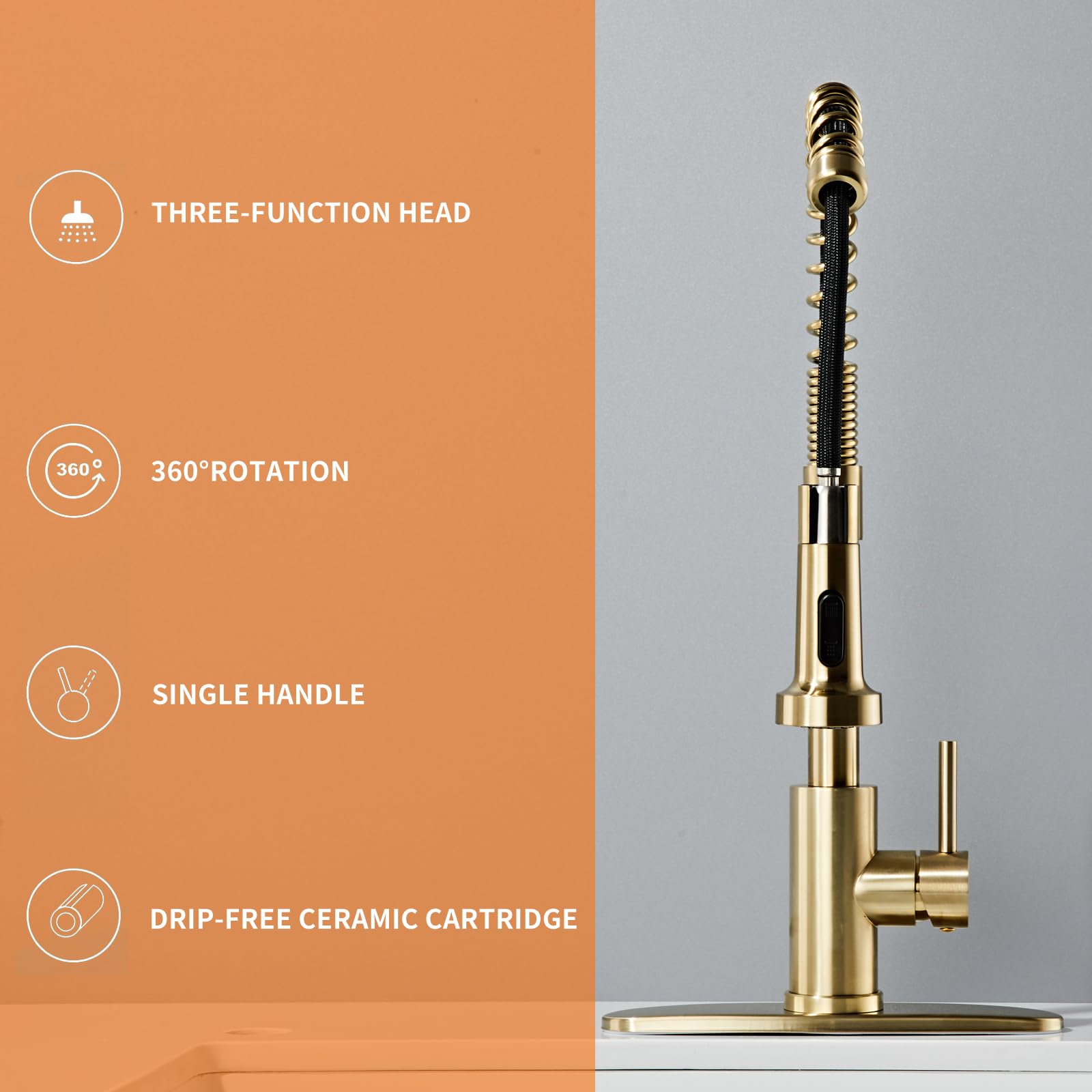 Louevido Brushed Gold Kitchen Faucet With Pull Down Sprayer, Rv Brass Kitchen Faucet Stainless Steel Single Handle Spring Faucet With Deck Plate For Farmhouse Utility Bar Laundry Sinks,Grifos De Cocina