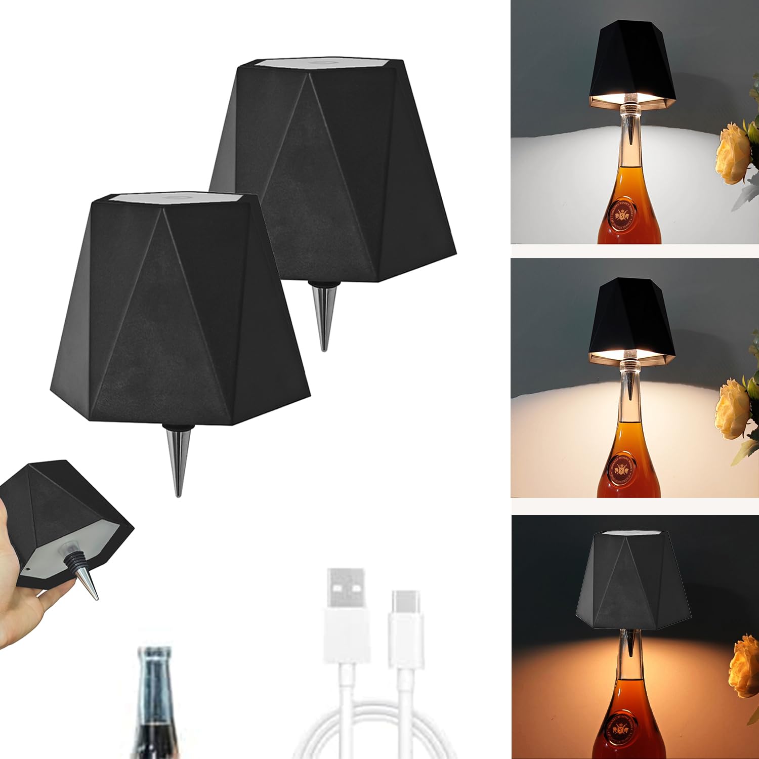 Jkeyes 2Pcs Black Wireless Liquor Wine Bottle Lamp Touch Dimmable 3 Color Stepless Bottle Light 5000Mah Battery Powered Lamp, Rechargeable Led Desk Lamp Shades For Bedroom, Restaurant & Bar