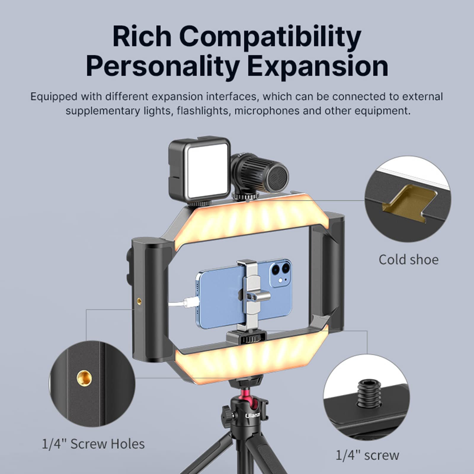 Jusmo Ulanzi Smartphone Video Rig W Light And Remote Control For Videomaker Filming Maker Video Grapher, U-Rig Light Handheld Square Ring Light Phone Video Making Stabilizer Grip Cage W Cold Shoe Mount