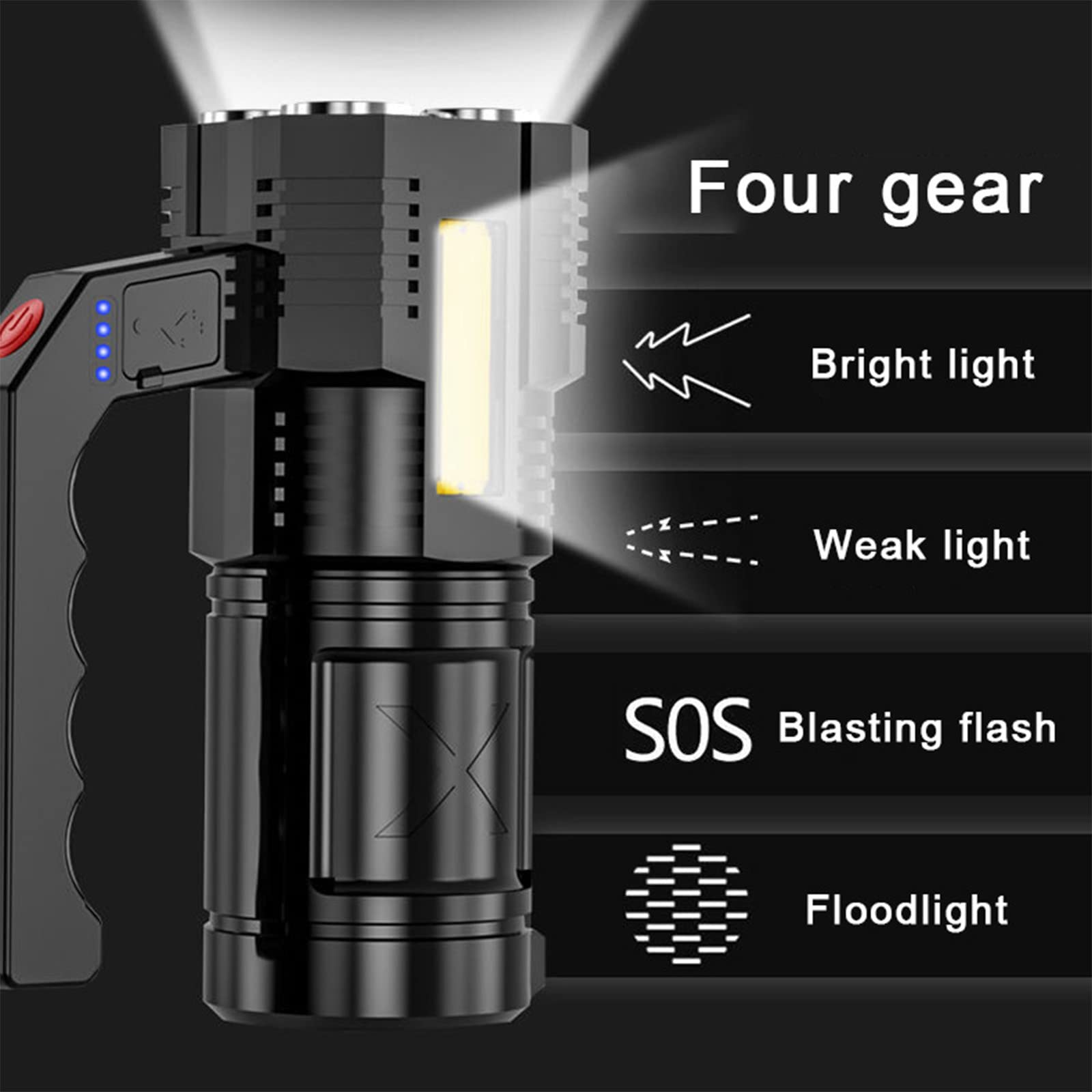 Latrodar Handheld Strong Light Flashlight Usb Rechargeable Led Flashlights With Two Types Of Light, Super Bright Long Range Flashlight With 4 Modes, Large Searchlight For Fishing, Hiking And Camping