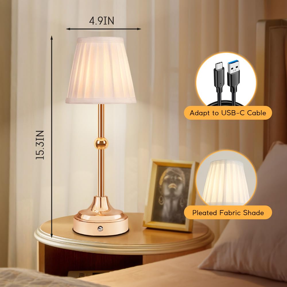 Ejfoiej Portable Led Table Lamp, 3-Levels Brightness Metal Desk Lamp, 3 Color Touch Control Rechargeable Lamp, Night Light, Bedside Lamp,Dining Room Lamp(Gold), Jdd-001