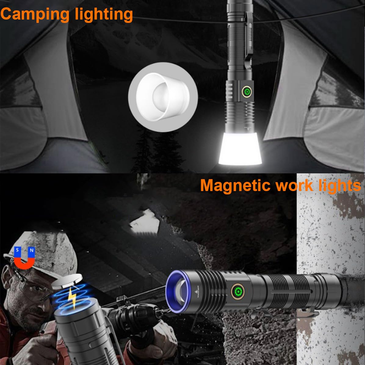 Bikacu Magnetic Flashlights Rechargeable 200000 High Lumens, Super Bright Led Handheld Flashlight, Powerful Multi-Color Utility Flash Light With Red Green Blue Yellow Filters, Best For Camping Hunting
