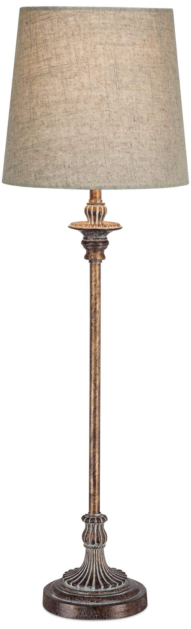 Regency Hill Bentley Traditional French Country Buffet Table Lamp 31.5" Tall Skinny Rustic Weathered Distressed Brown Linen Fabric Tapered Drum Shade Decor For Living Room House Entryway