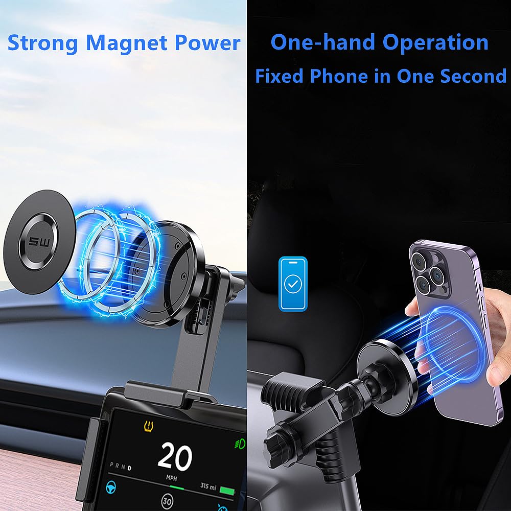 Galeform Magnet Phone Mount For Tesla Model 3/Y Accessories, Tesla Phone Mount For Magsafe Iphone & Android Phones, Strongest Magnetic Power Adjustable Car Phone Holder, With 1Pcs Magnetic Ring