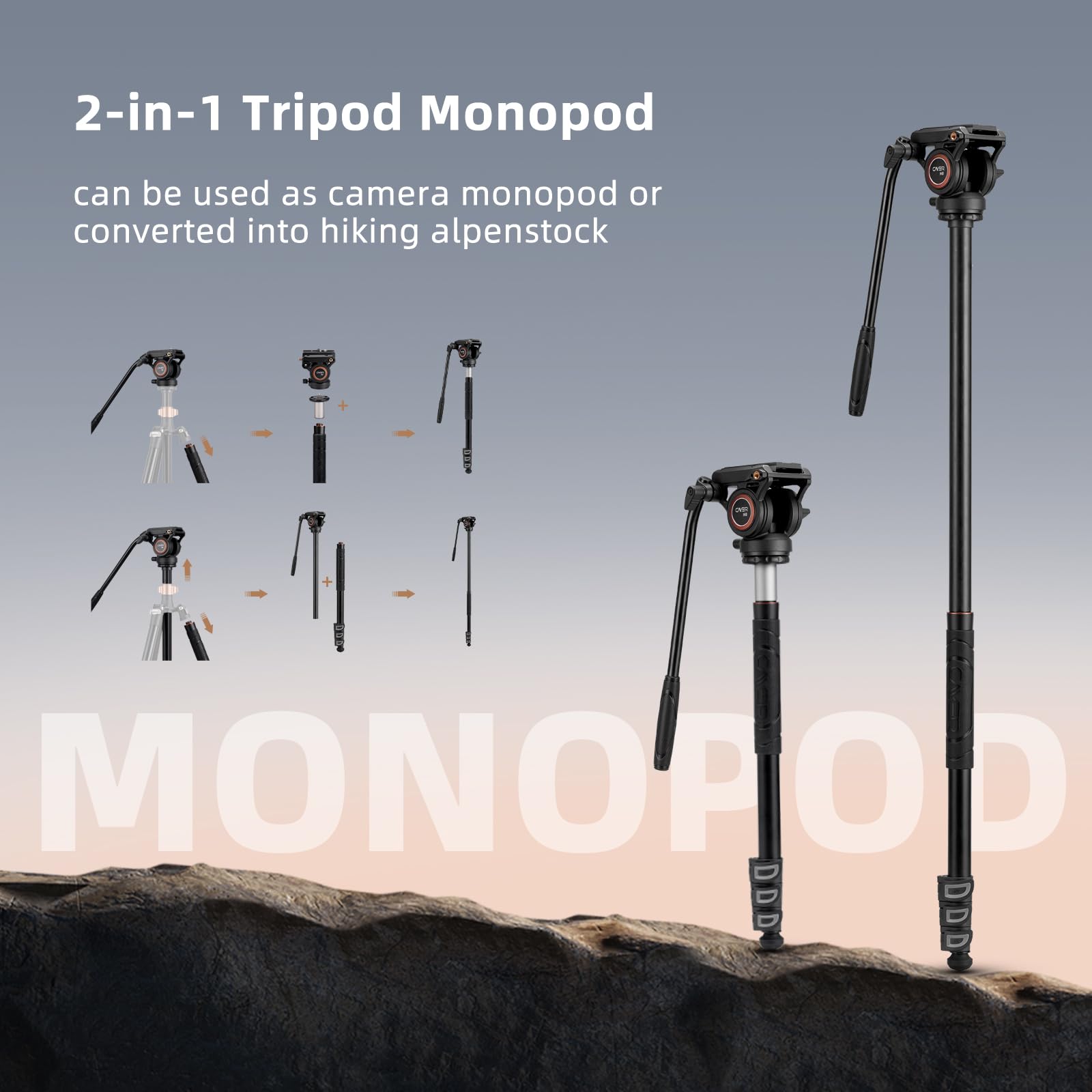 Cayer Fp2450 Fluid Head Tripod, 75 Inches Aluminium Video Tripod, 4-Section Compact Camera Tripod Monopod With Fluid Head For Dslr Camera, Camcorder, Load Capacity Up To 13.2 Pounds