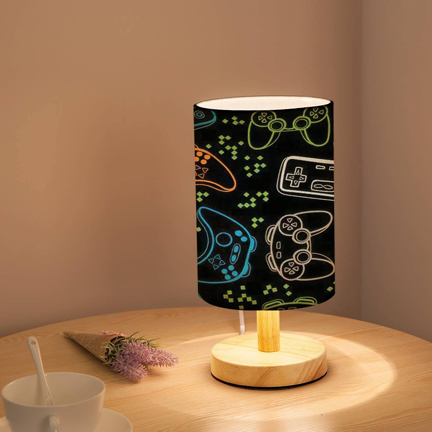 Rainfallaring Minimalist Bedside Table Lamp Seamless Bright Pattern With Joysticks Gaming Cool Print For Boys And Solid Wood Nightstand Desk Base Flaxen Fabric Shade Bedroom Living Room, 5.5X11Inch