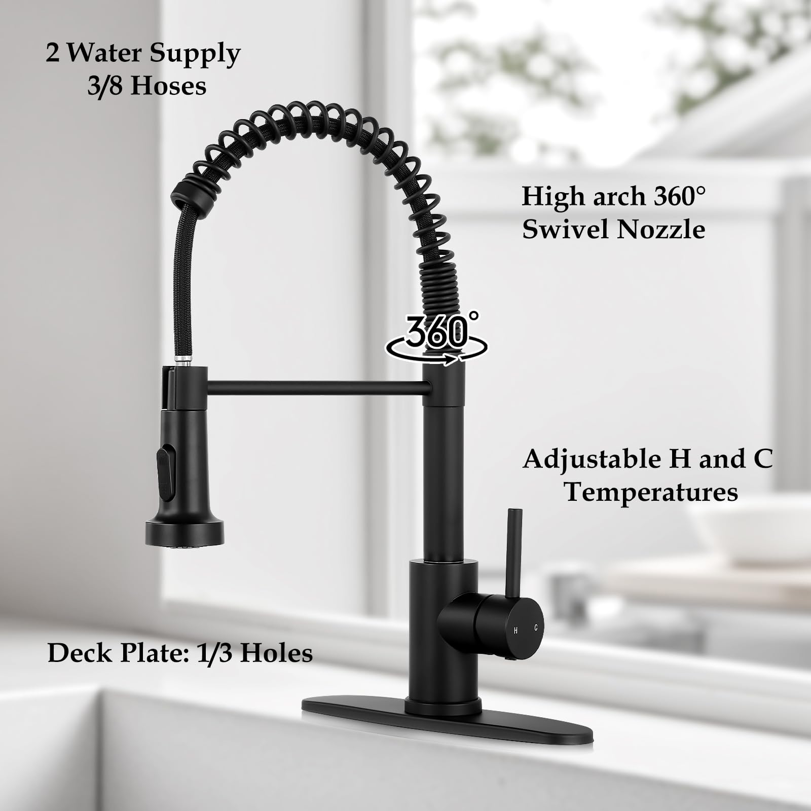 Mutvka Mut Kitchen Faucet Matte Black - High Arc Kitchen Sink Faucet With Dual Mode 1 Or 3 Holes, Single Handle Commercial Black Kitchen Sink Faucet With Deck Plate For Farmhouse Rv Vessel Basin
