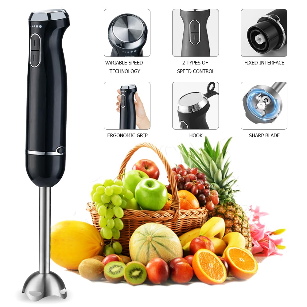Dpeho Immersion Blender，Hand Blender Mixer, 5 In 1 Immersion Blender, 1000W Powerful Handheld Stick Mixer Blender With Turbo Mode,With Variable Speed & Chopper, Whisk And Frother, 15.55, Black
