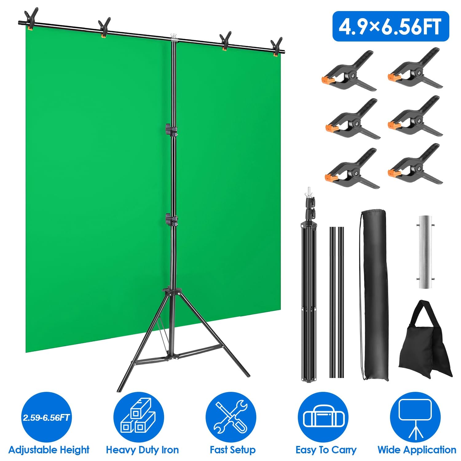 Imountek Backdrop Stand For Party, T-Shape Adjustable Photo Video Studio Photography Background Stand, 5×6.5Ft Photo Backdrop Stand With 6 Spring Clamps Sandbag Carry Bag For Birthday/Party/Wedding