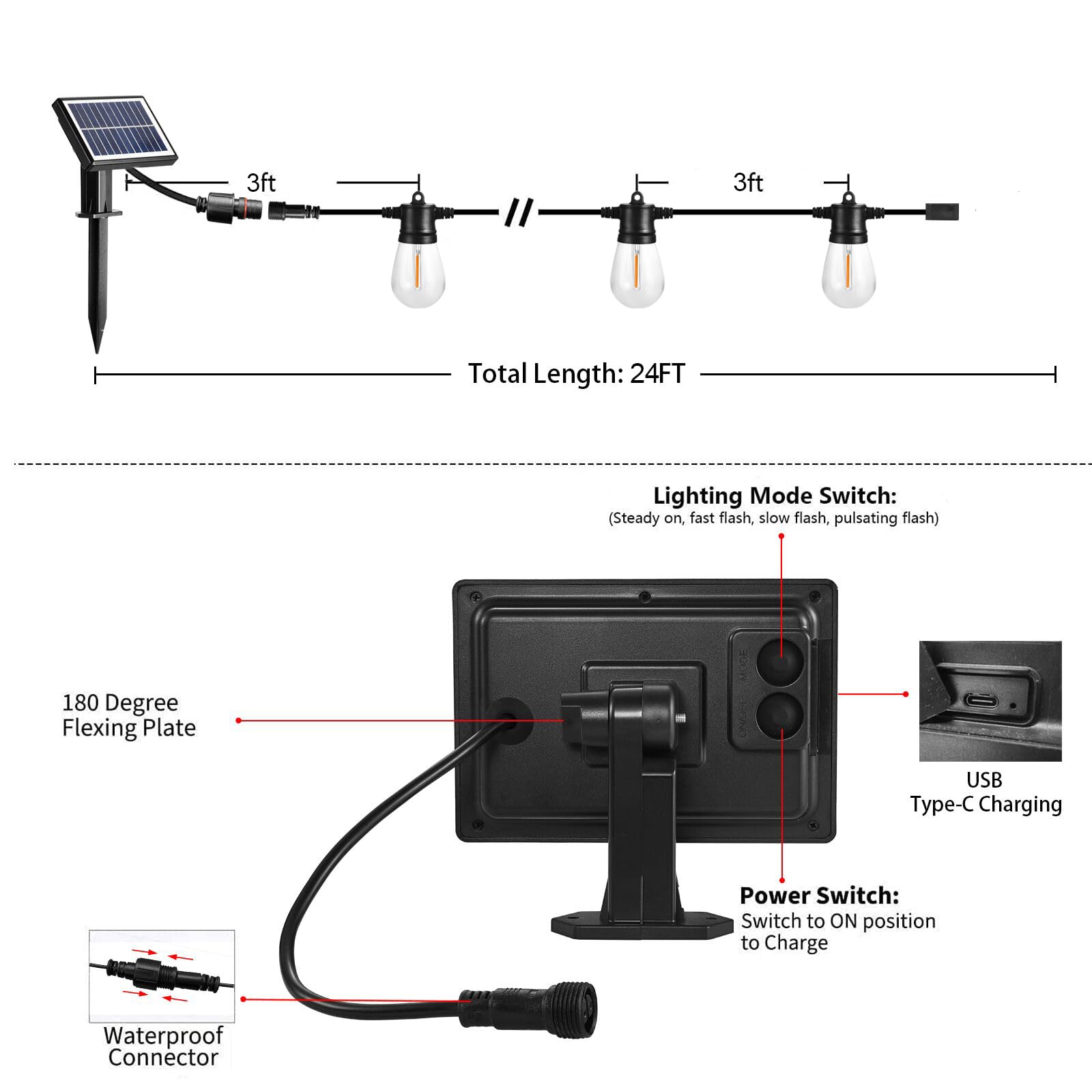 Sunthin 24Ft Solar String Lights, Usb Rechargeable Solar Outdoor Lights With Waterproof & Shatterproof Led Bulbs For Patio, Porch, Garden, Deck, Bistro, Cafe, Camping