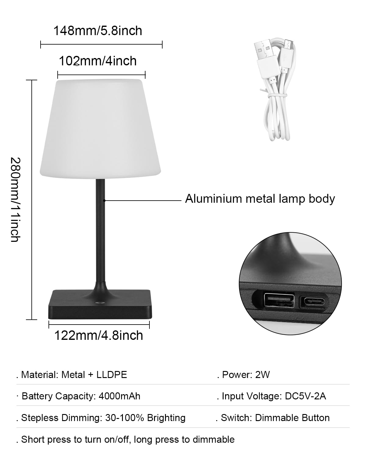 Tigkhae Led Cordless Table Lamp, 4000Mah Rechargeable, Outdoor Battery Operated Desk Lamp, Portable Waterproof Patio Table Lamps, Touch Dimmable Night Lamp, Ambient Light For Restaurant H11In