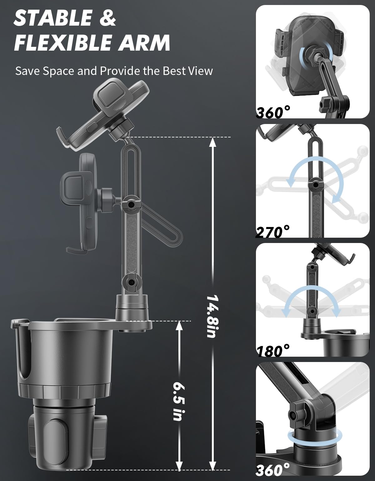 Wavecuer Cup Holder Phone Mount For Car, Phone Cup Holder For Car Iphone With Expandable Base, Compatible With Iphone Samsung All Phones (1 Pack)