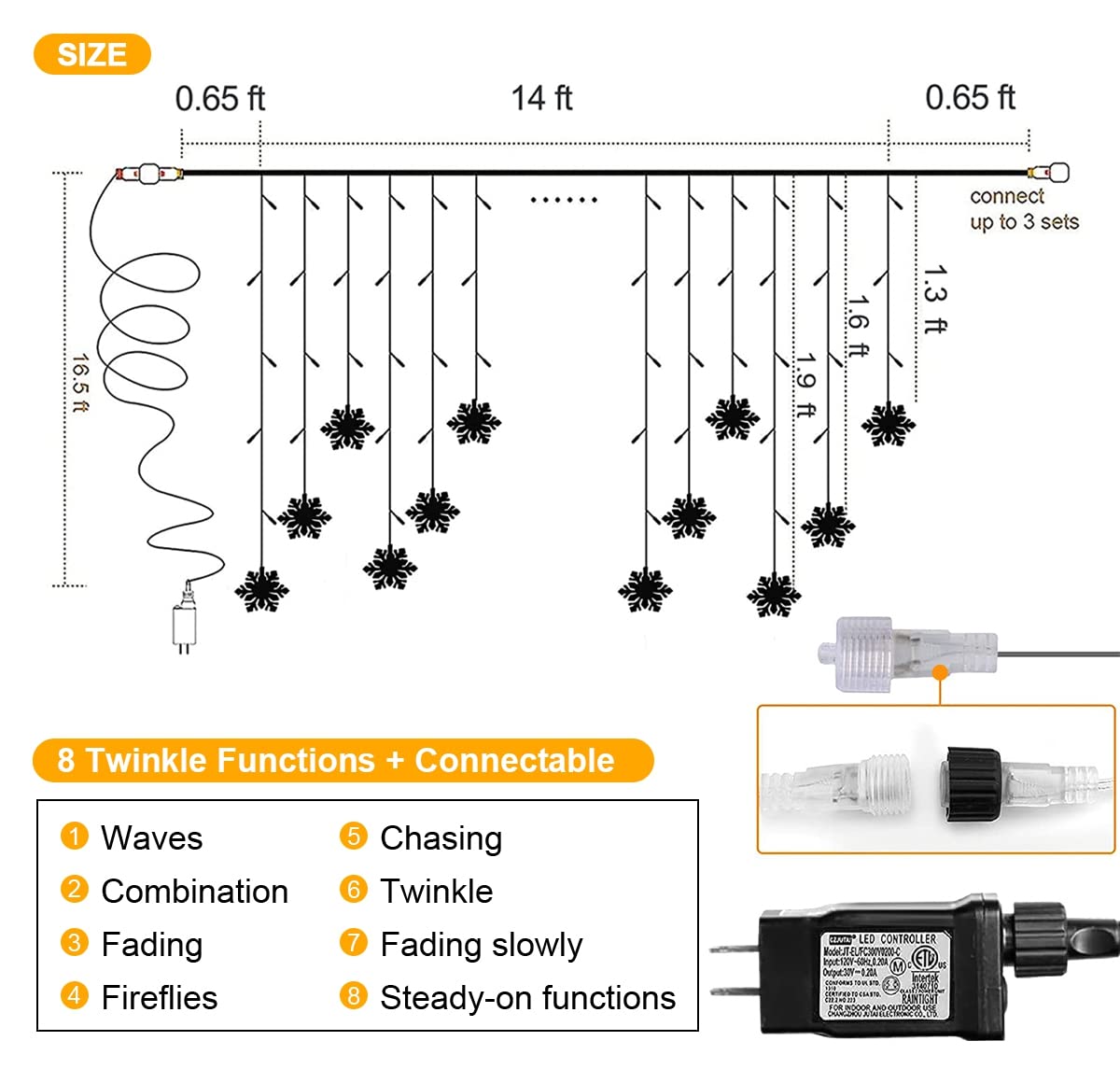 Kukuder 150 Led Icicle Lights With Snowflake,8 Twinkle Modes Curtain Lights,Hanging Fairy Lights For Outdoor Christmas Lights, Holiday Wedding Party Decoration (Multi-Colored)