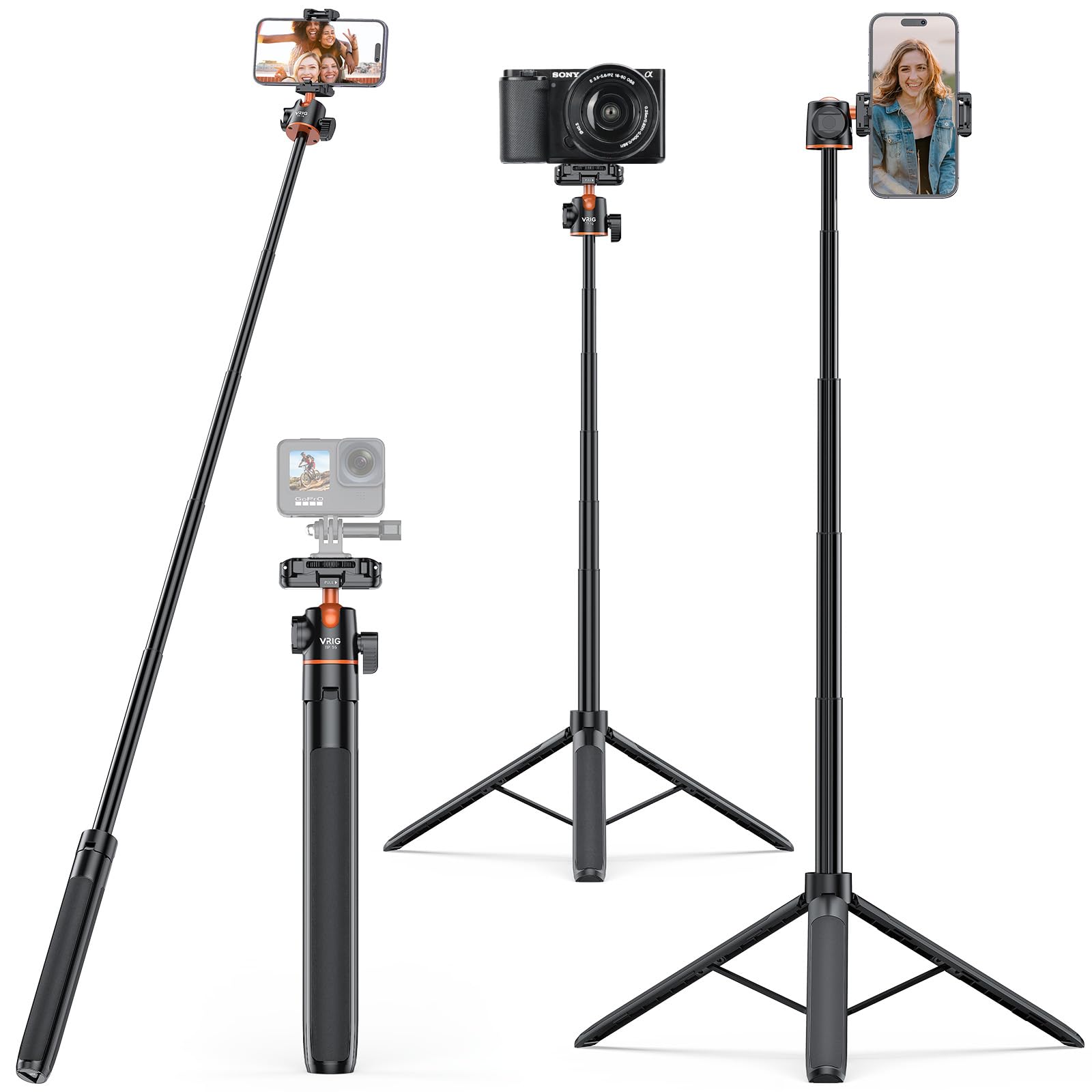 Uurig Vrig 55" Extendable Phone Tripod, 2-In-1 Selfie Stick With Phone Clip And Rotatable Cold Shoe, 360° Ball Head Portable Travel Tripods For Camera, Iphone, Action Cameras, Tp-16