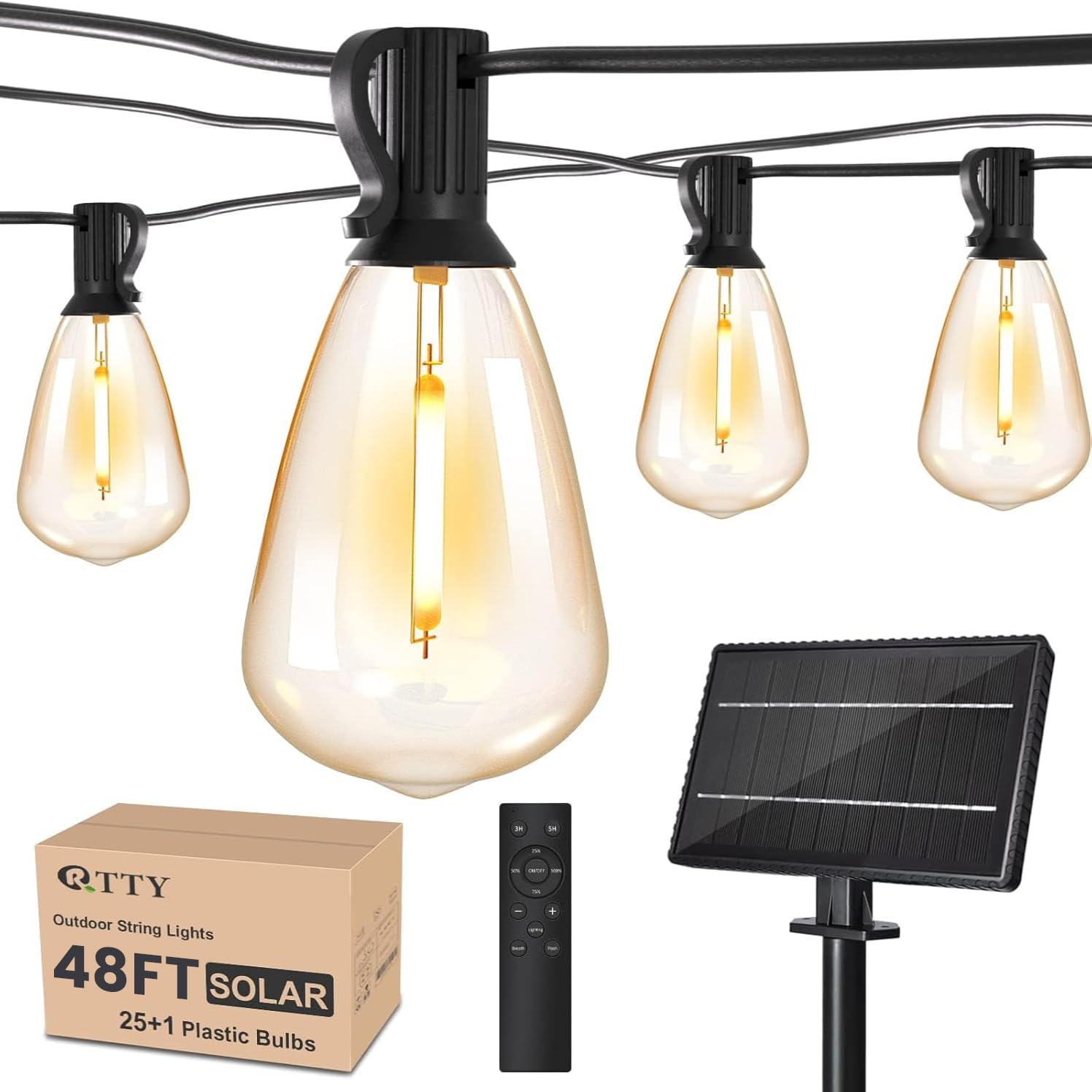 Rtty Solar String Lights Outdoor Waterpoof 50Ft With 25Pcs Dimmable Shatterproof St38 Vintage Bulb,Remote Solar Powered Bistro,Cafe & Patio Lights, Black, Cmrc-O251