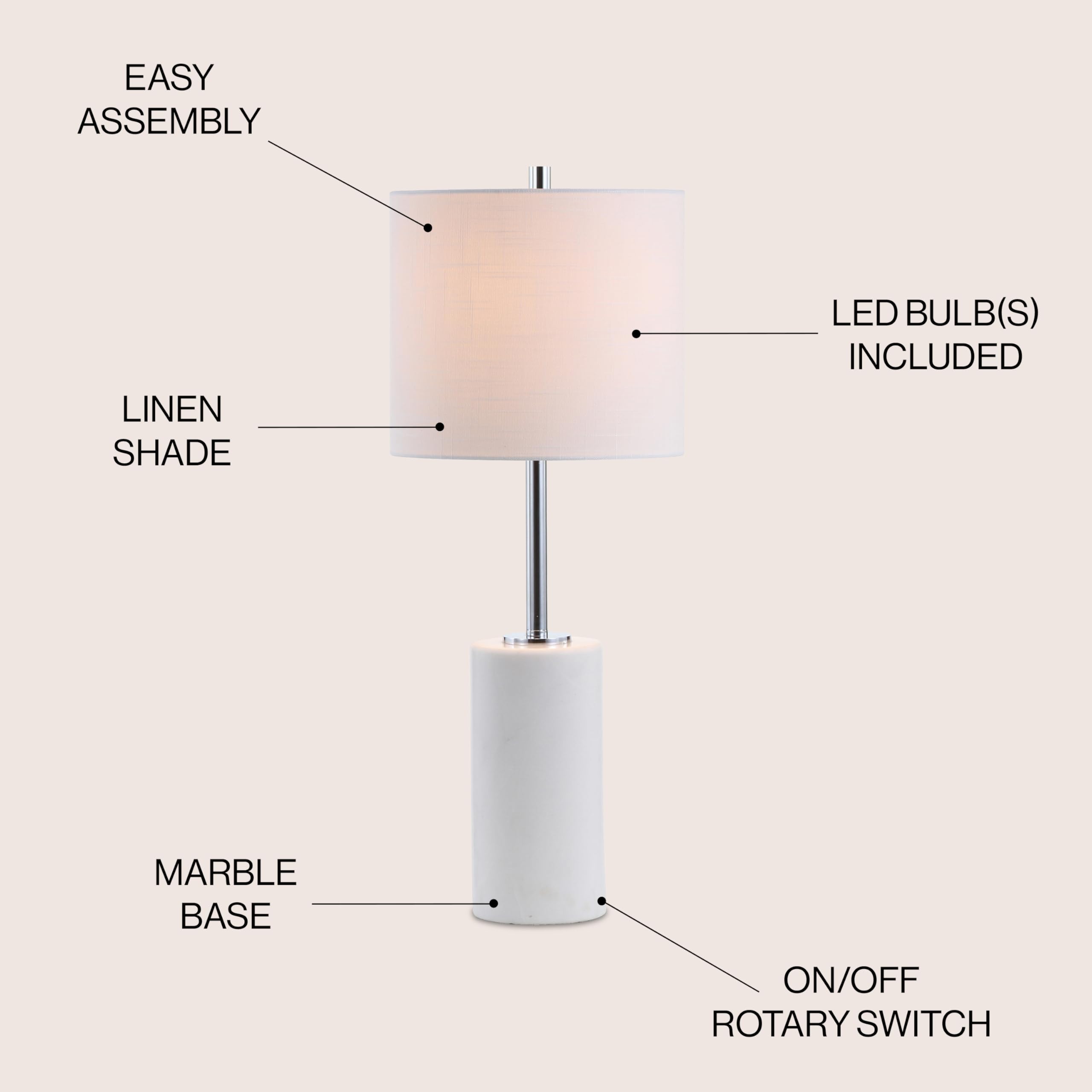Jonathan Y Jyl2007A Aksel 25.5" Marble Led Table Lamp Contemporary Transitional Modern Bedside Desk Nightstand Lamp For Bedroom Living Room Office College Bookcase Led Bulb Included, White/Chrome