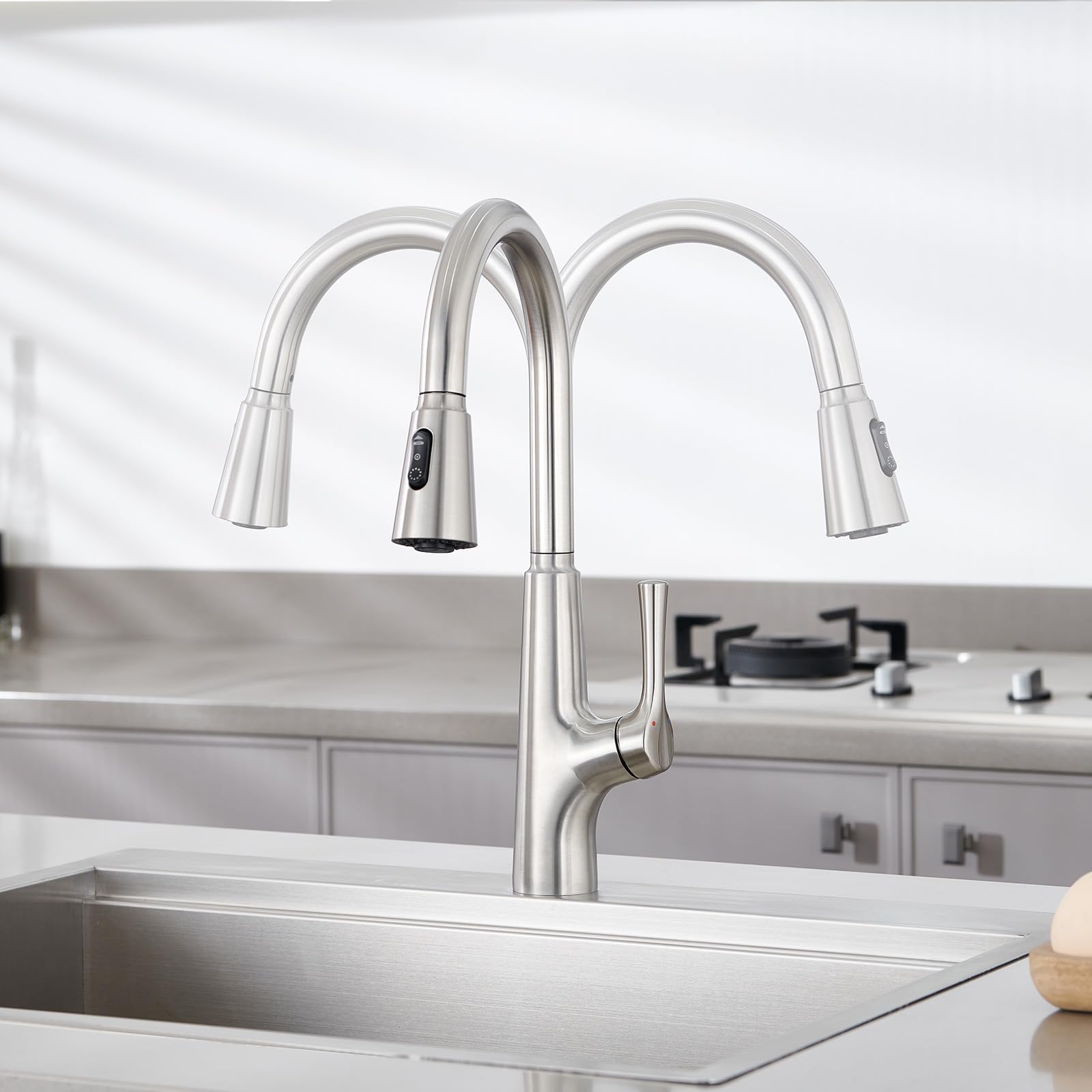 Aktines Kitchen Faucet With Pull Down Sprayer, 3-Function High Arc Stainless Steel Kitchen Sink Faucet With Deck Plate, Brushed Finish