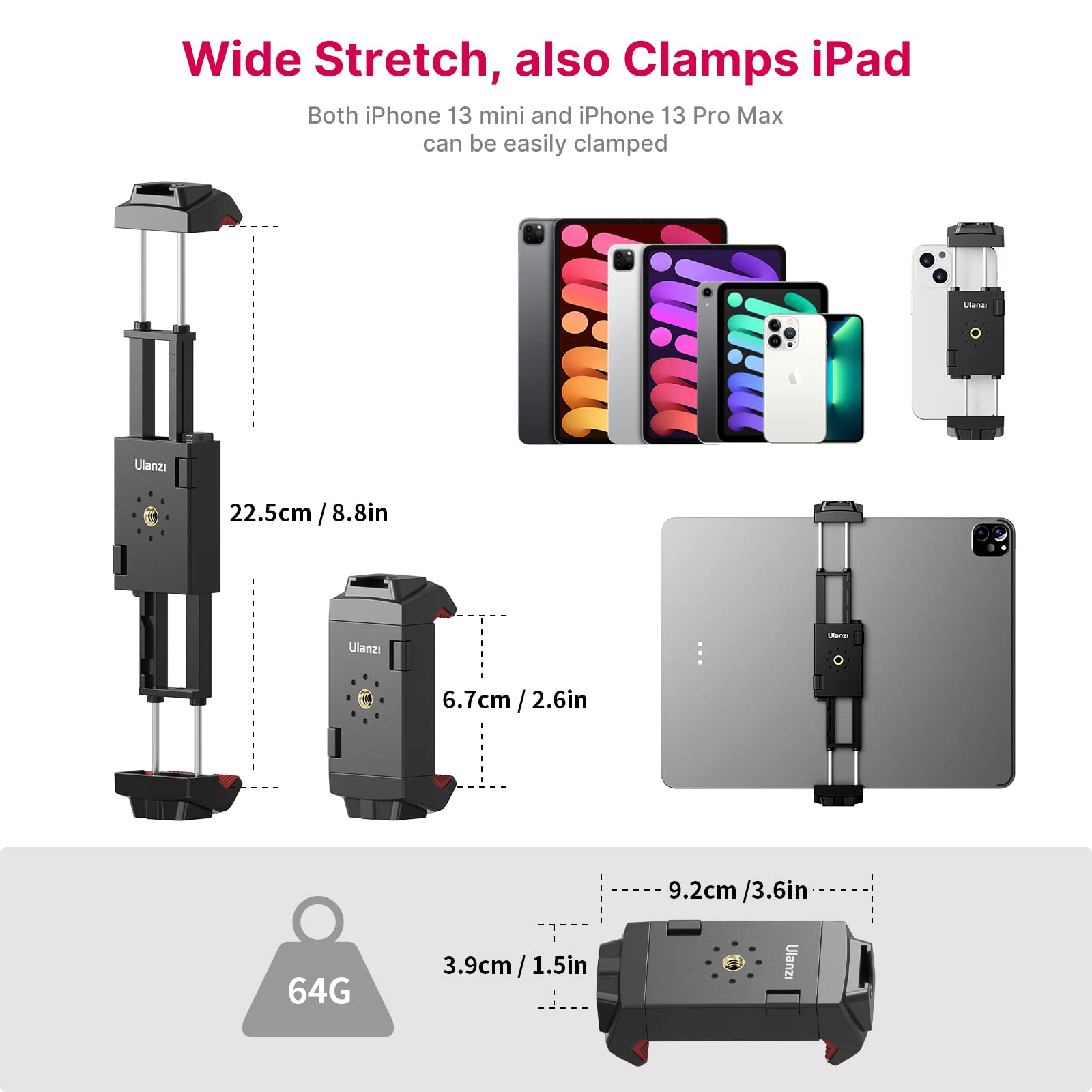 Ulanzi St-29 Phone Tripod Mount, Universal 2-In-1 Tablet Smartphone Holder Adapter With Cold Shoe Mount, 2.6"-8.8" Extend Clip Clamp Compatible With Ipad, Iphone, Samsung Galaxy And More