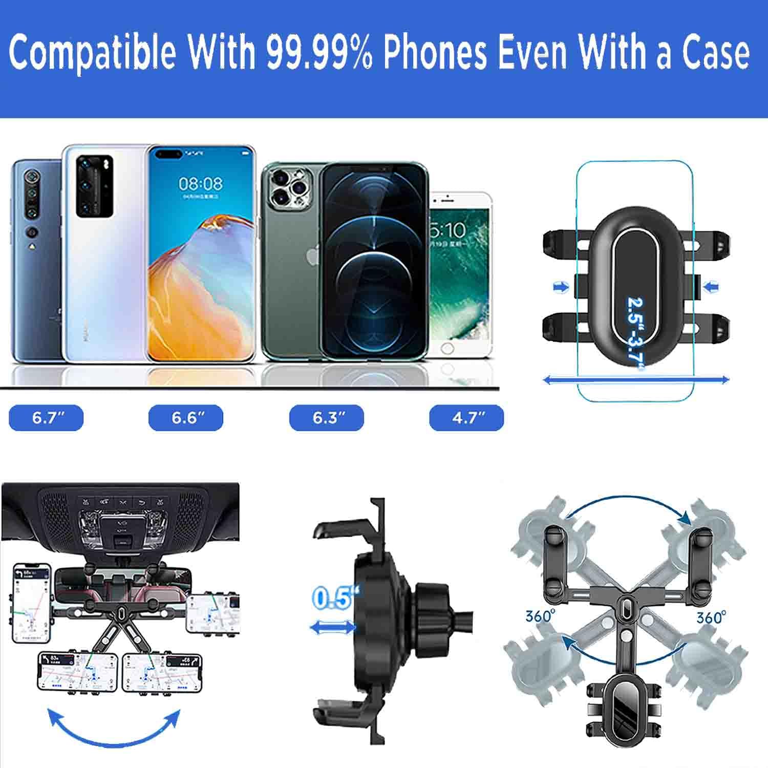 Powdapte Rear View Mirror Phone Holder, 360°Rotatable And Retractable Rearview Mirror Phone Holder For Car,  Four Corners Anti-Shake Multifunctional Design For All Iphone & Car Rearview Mirror