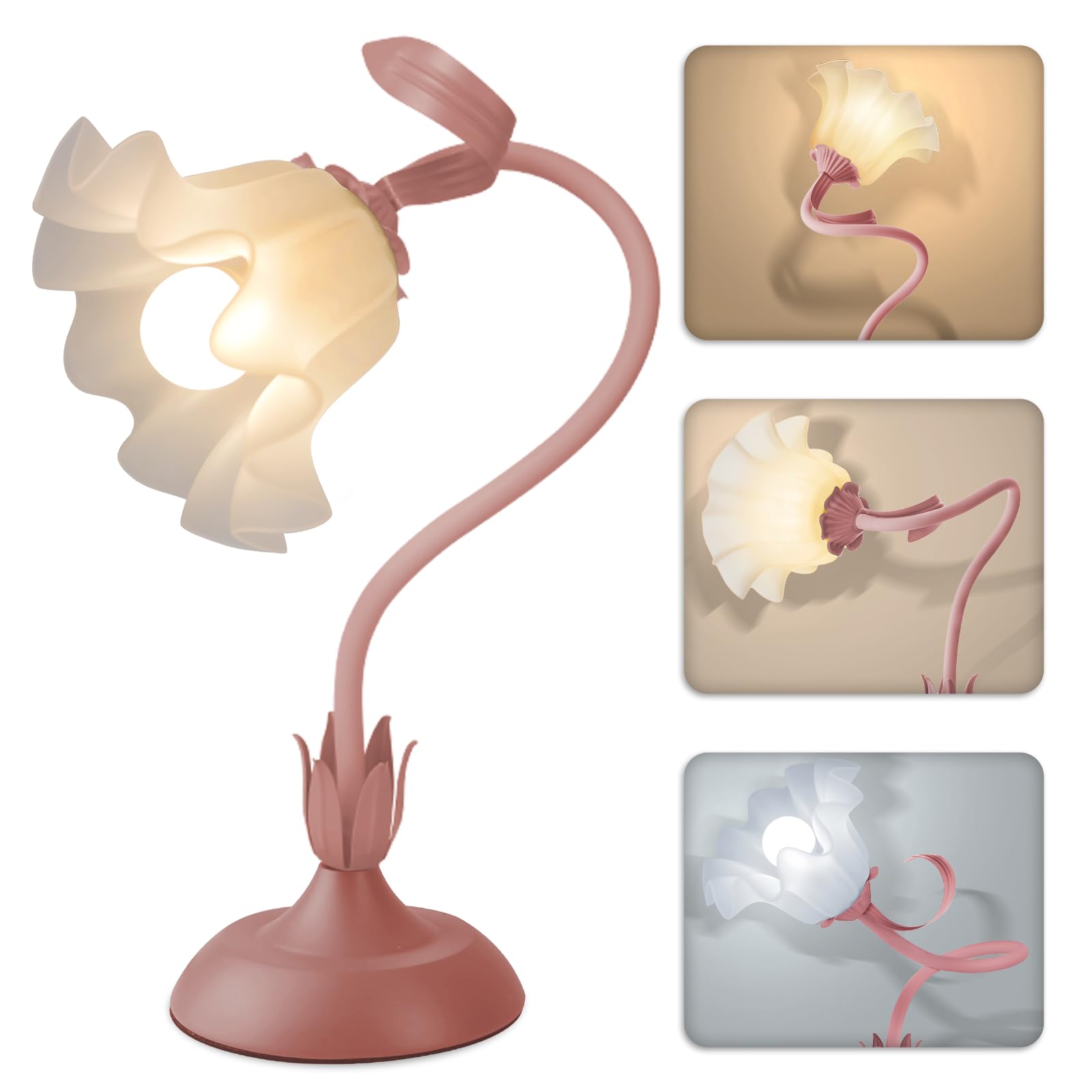 Larnix Women Bedside Table Lamps For Bedroom, Cute Flower Desk Lamp With Adjustable Flexible Gooseneck, 3 Color Temperatures Nightstand Lamp With E26 Led Bulbs, Floral Lamp For Living Room, Office,Reading