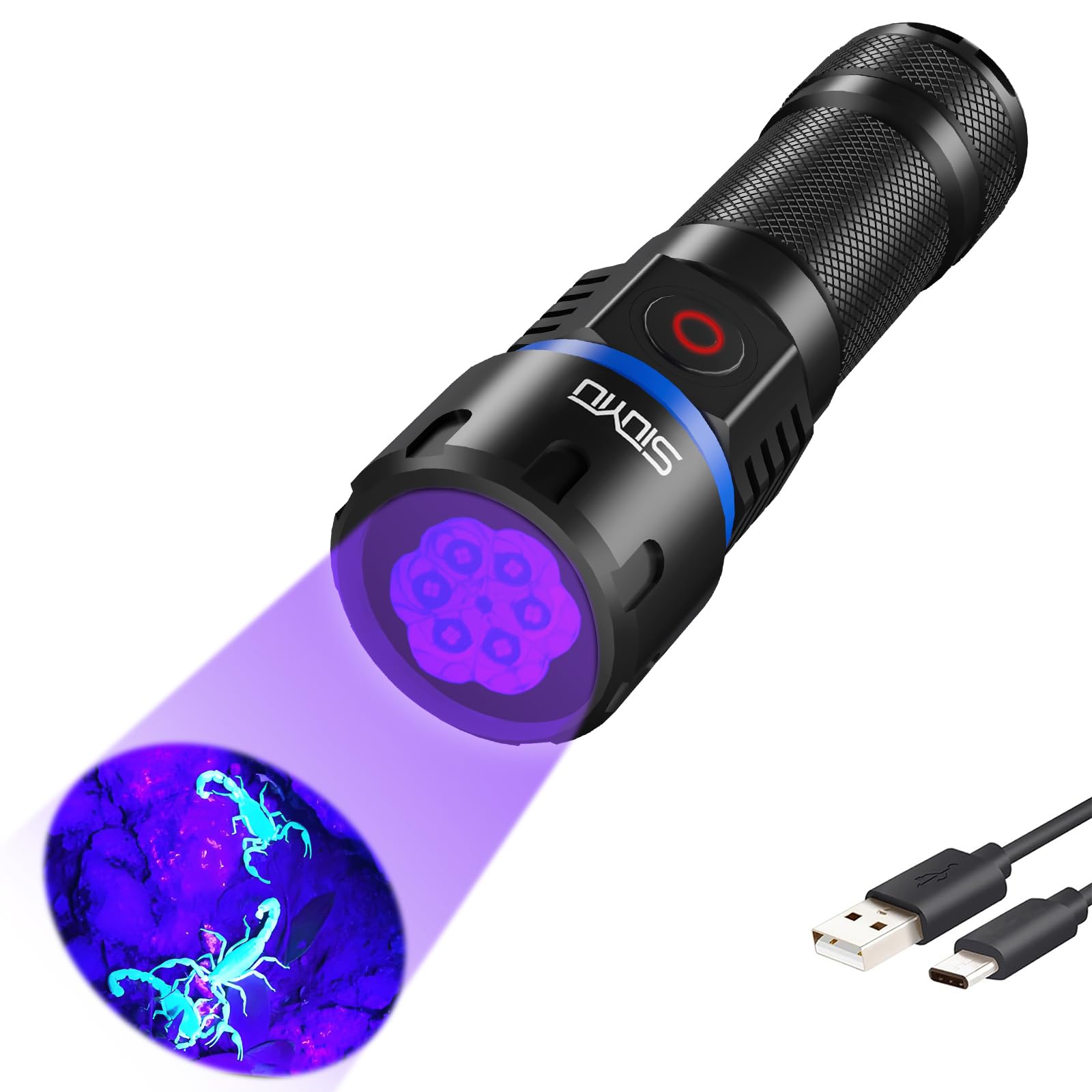 Siuyiu 365Nm Uv-Flashlight Blacklight, 60W 6Led Usb-C Rechargeable, Black Light Flashlights For Pet Urine Detection, Resin Curing, Rock Hunting, Mineral Detection- Ip65 Waterproof & Portable Handheld Torch
