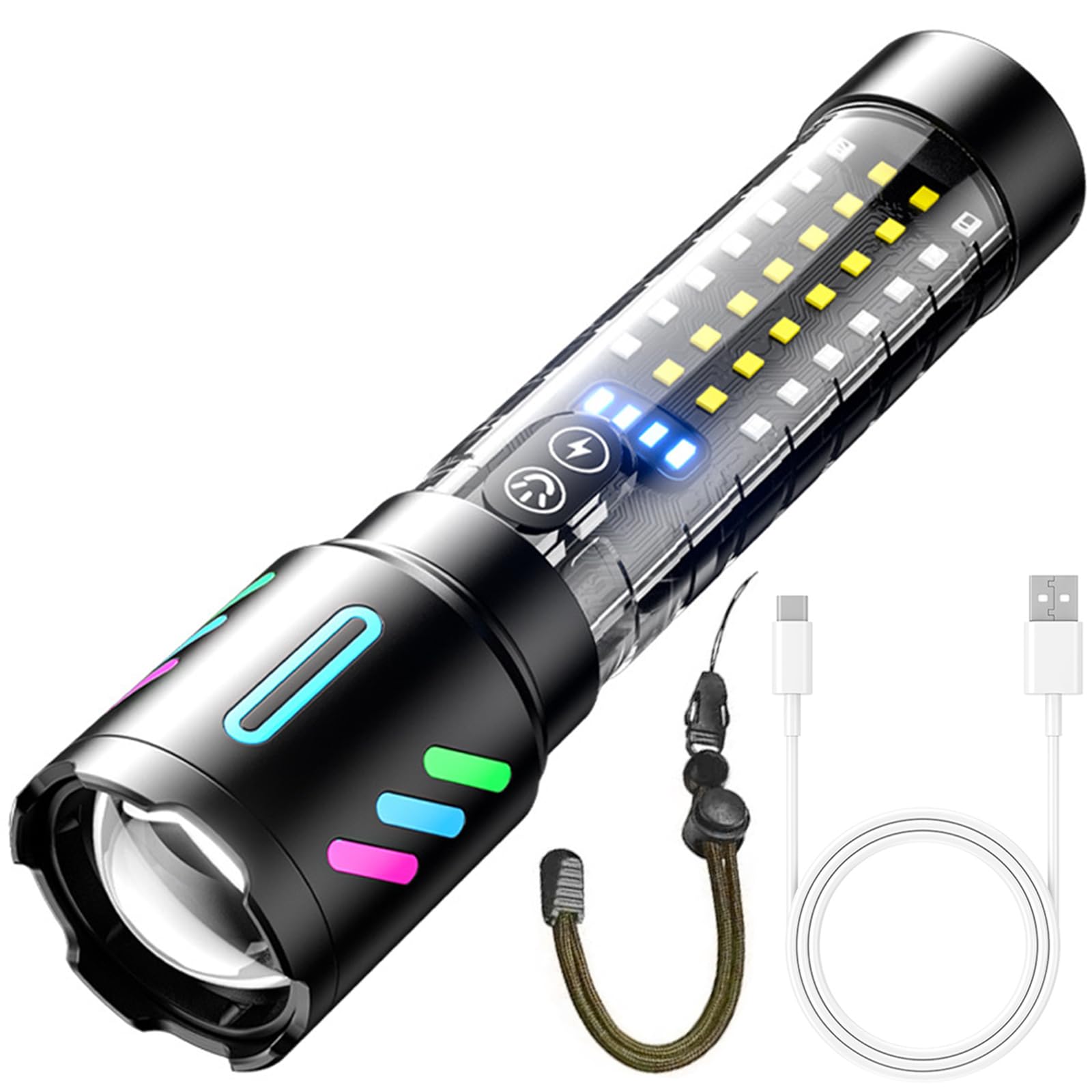 Ciwuzxs High Powered Flashlight, Flashlights High Lumens 5000, Led Super Bright Flashlight, Rechargeable With Large Side Lights, Adjustable, Waterproof, For Emergencies, Camping, Hiking