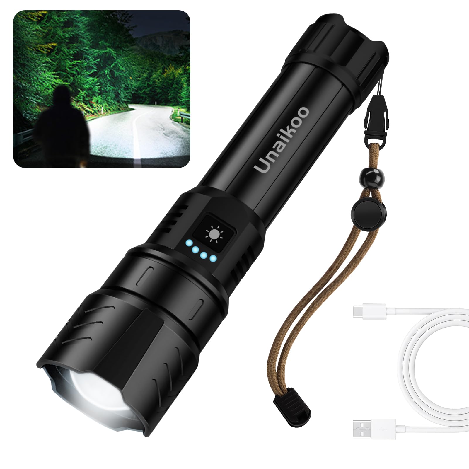 Unaikoo Rechargeable Flashlight High Lumens - 10000Lm Powerful Utility Flashlights With 4 Modes Zoomable Led Flashlight Waterproof Brightest Flash Light For Emergencies Camping Hiking Outdoor C1